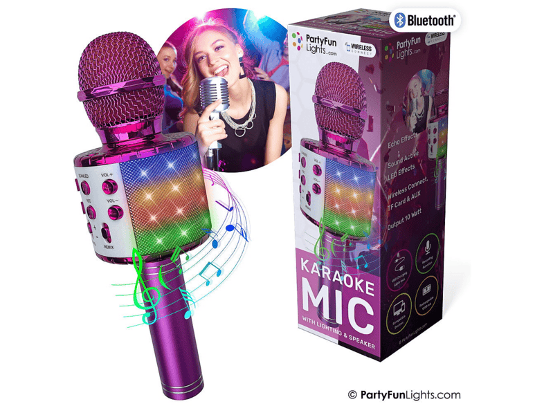 PartyFunLights Bluetooth Karaoke-Mikrofon mit Beleuchtung und Lautsprecher, Rosa