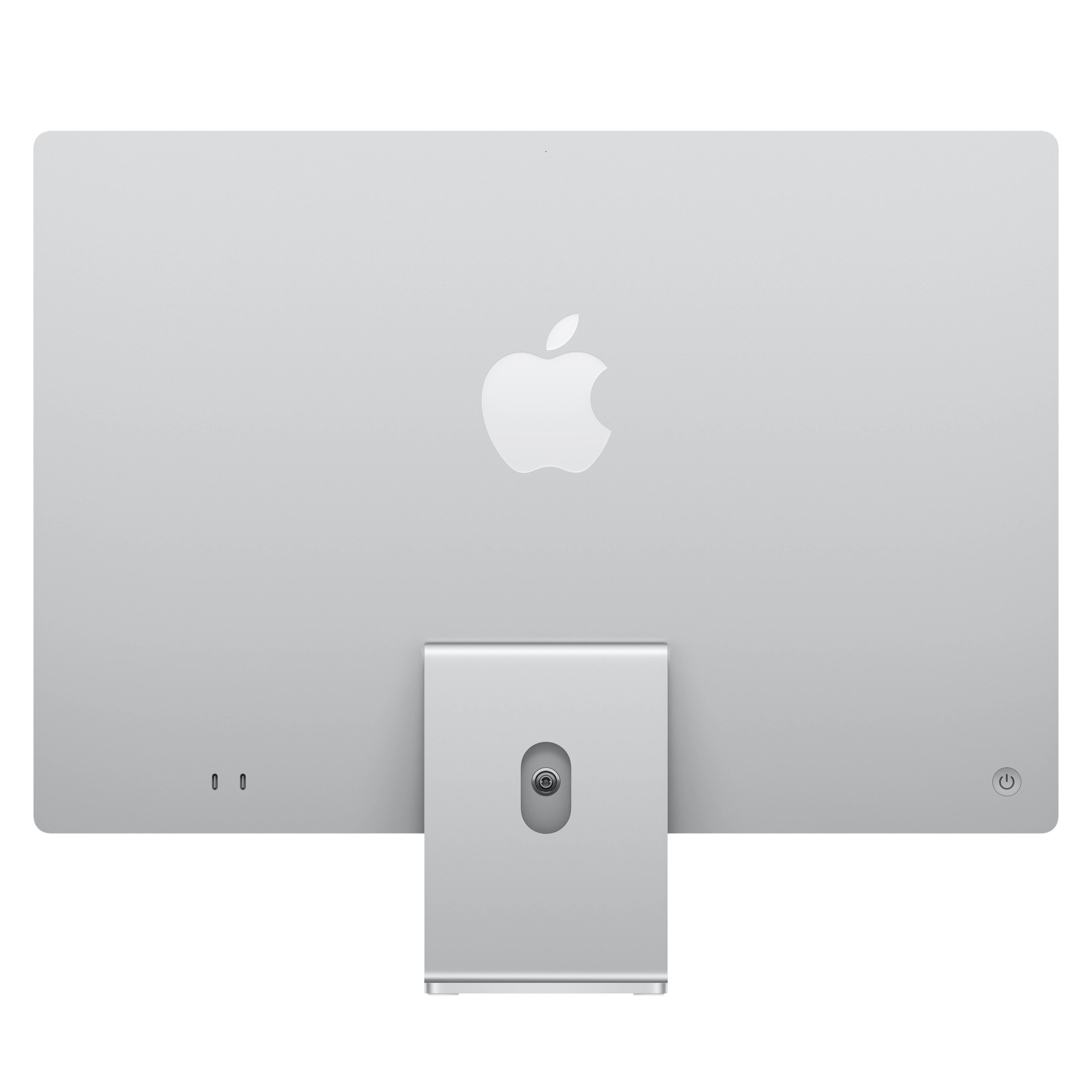 Die Rückseite eines silbernen Apple Studio Displays mit einem Apple-Logo und einem Standfuß auf weißem Hintergrund.