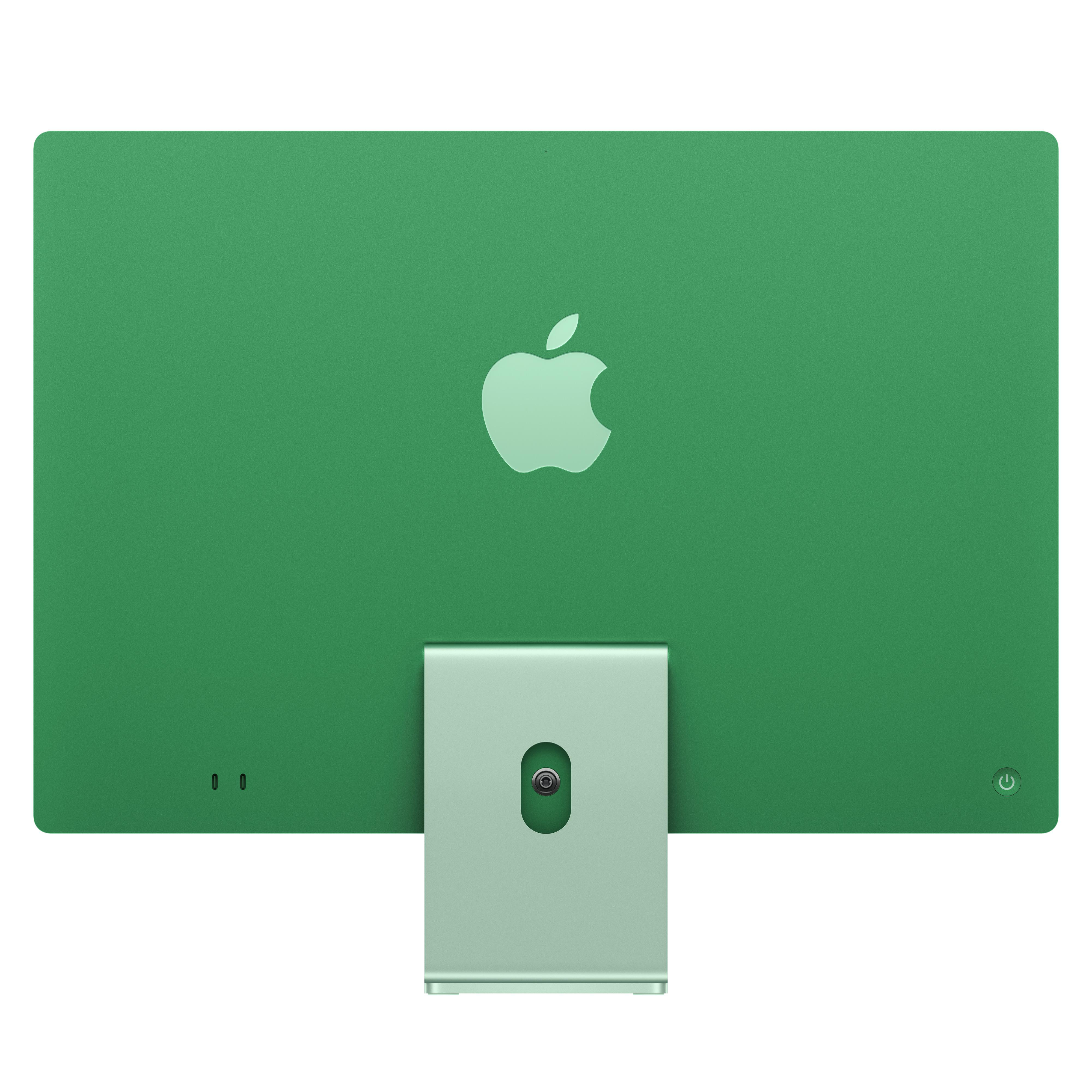Rückseite eines grünen Apple iMac mit Ständer und Anschlüssen auf weißem Hintergrund.