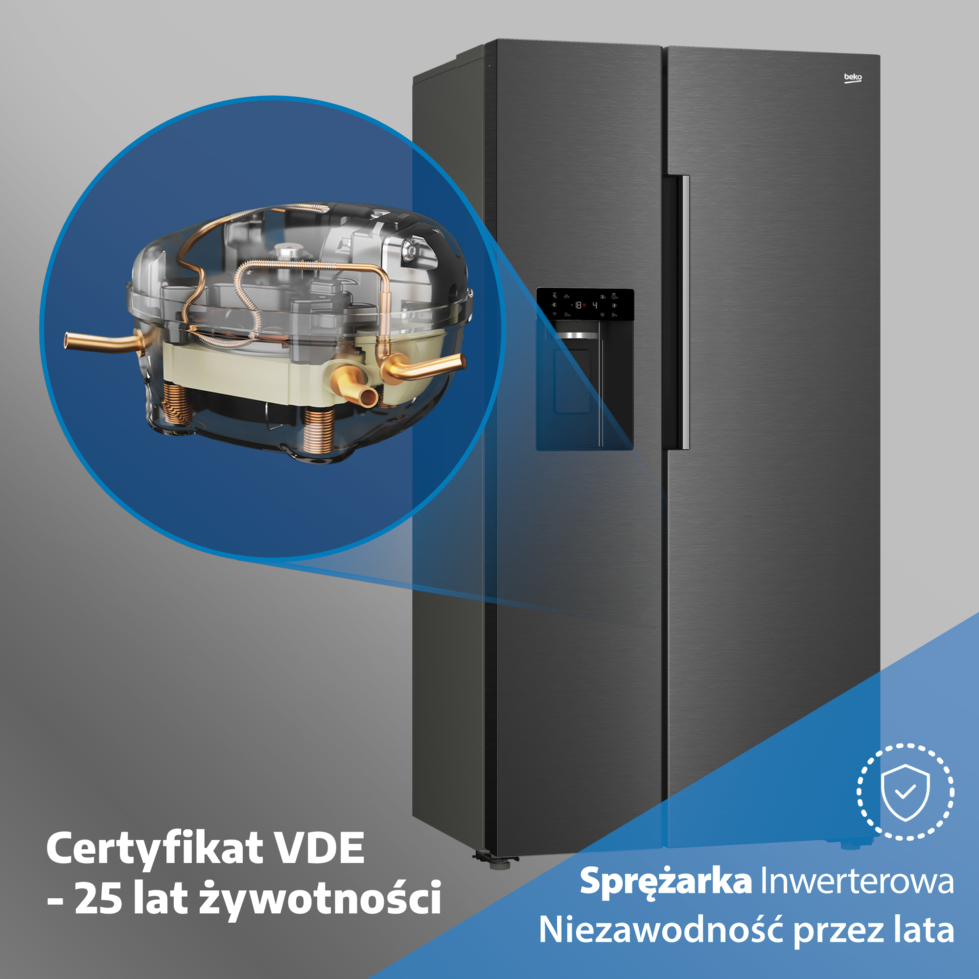 Ciemna lodówka side-by-side ze szczegółem sprężarki inwerterowej i certyfikatem VDE.