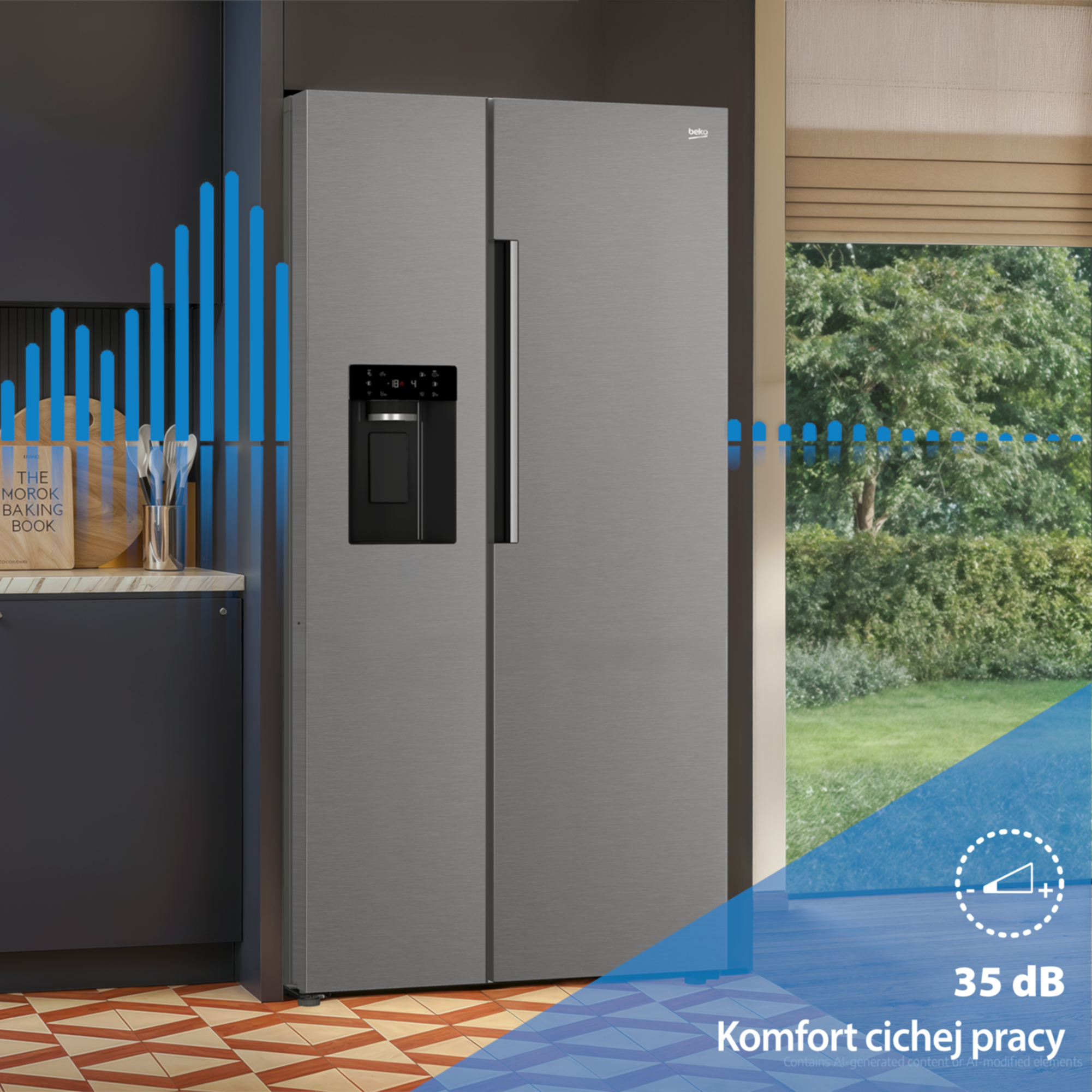 Szara lodówka Beko w nowoczesnej kuchni z niebieską grafiką poziomu dźwięku i tekstem 35 dB.