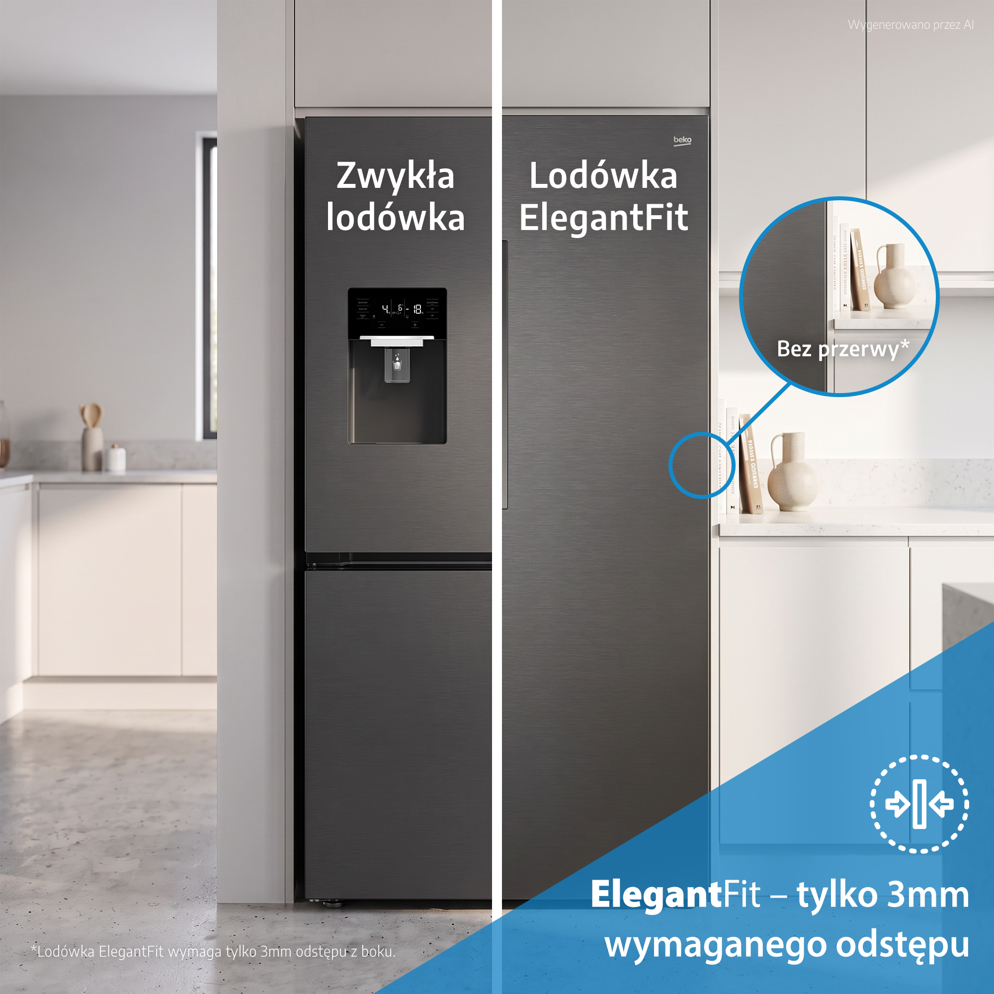 Porównanie dwóch lodówek w nowoczesnej kuchni z tekstami i zbliżeniem na wąską szczelinę.