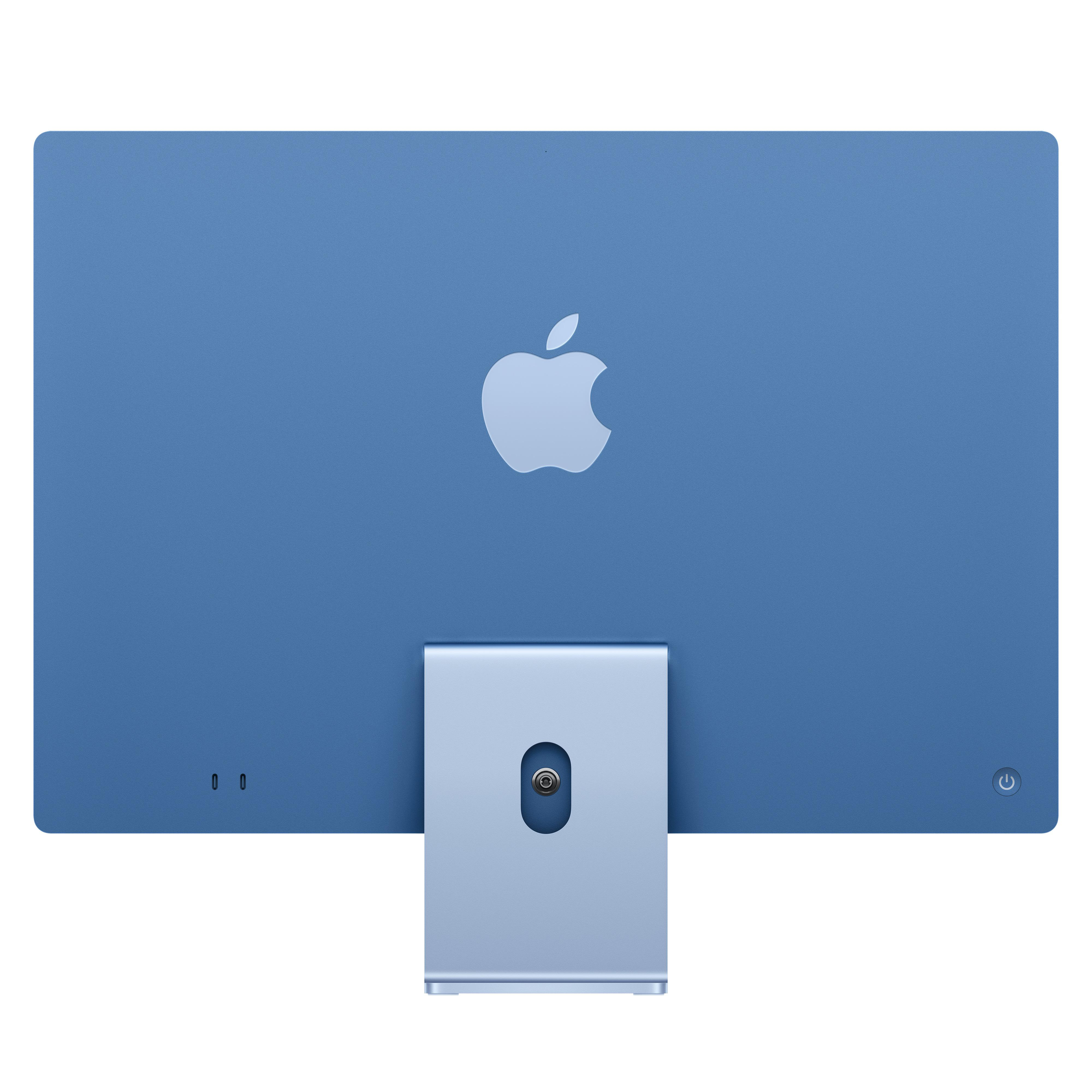 Rückseite eines blauen Apple iMac mit silbernem Apple-Logo und Standfuß auf weiÃŸem Grund.