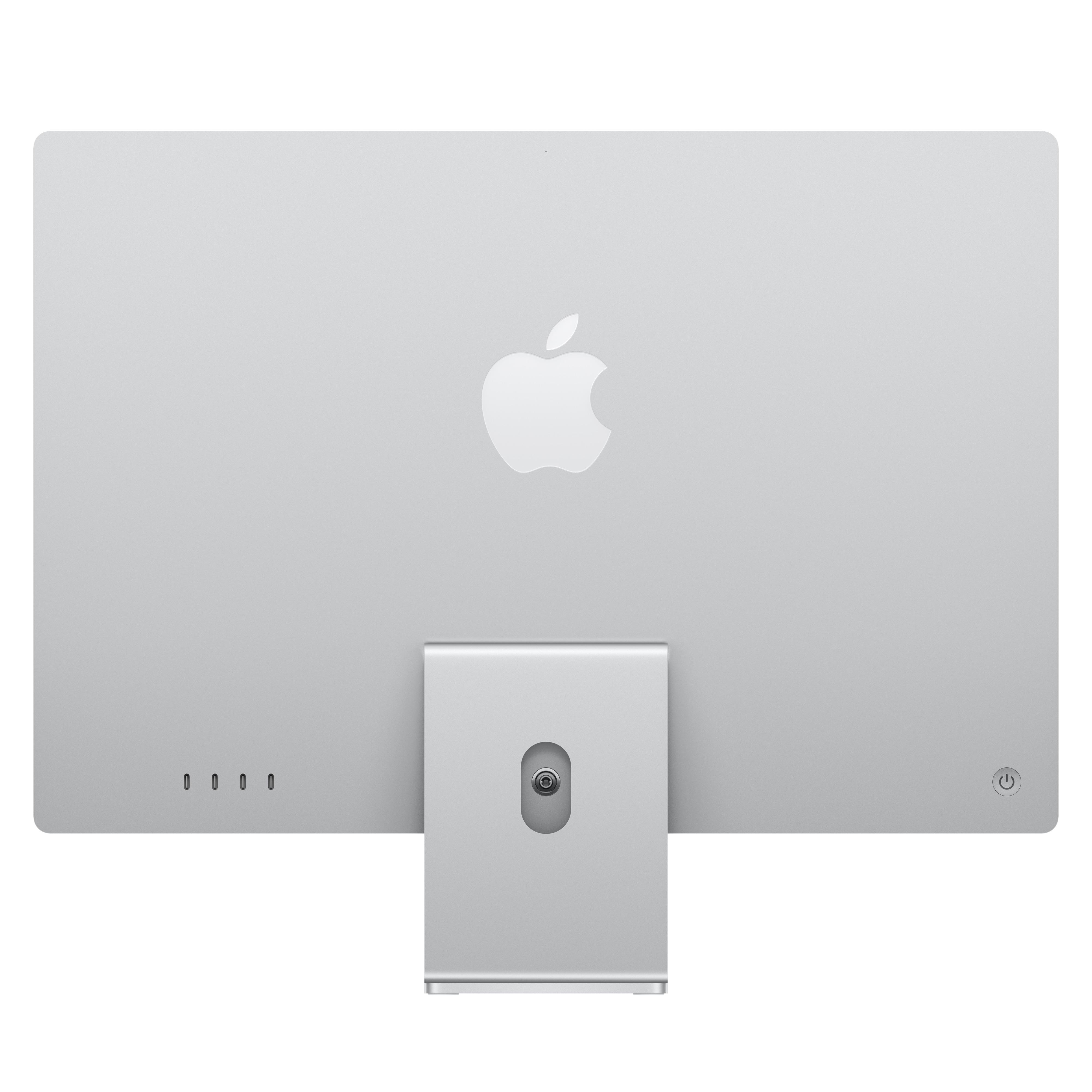 Rückseite eines silbernen Apple Pro Display XDR mit Standfuß, Apple-Logo und Anschlüssen.