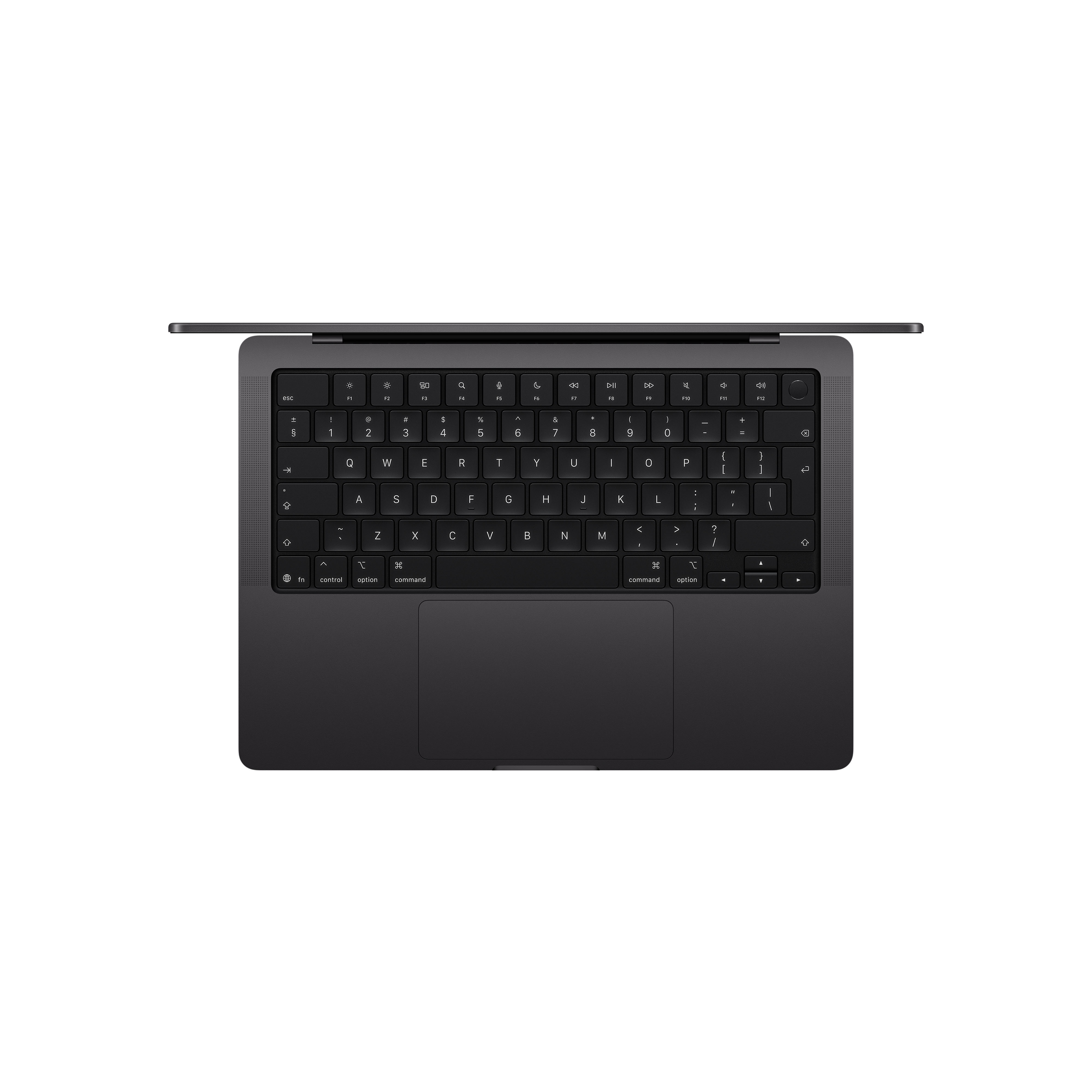 Draufsicht auf die schwarze Laptop-Tastatur und das Trackpad vor einem hellen Hintergrund.
