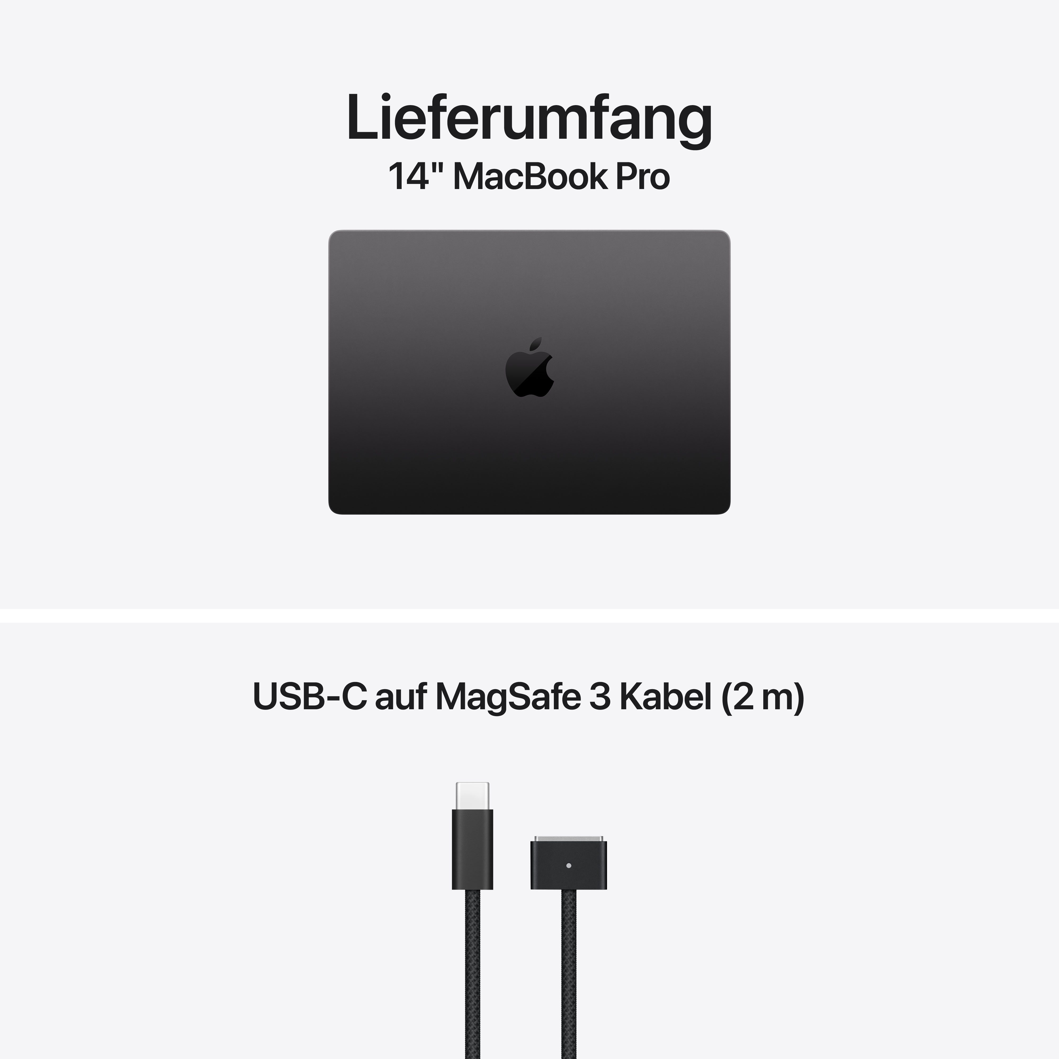Lieferumfang: 14" MacBook Pro und ein USB-C auf MagSafe 3 Kabel.