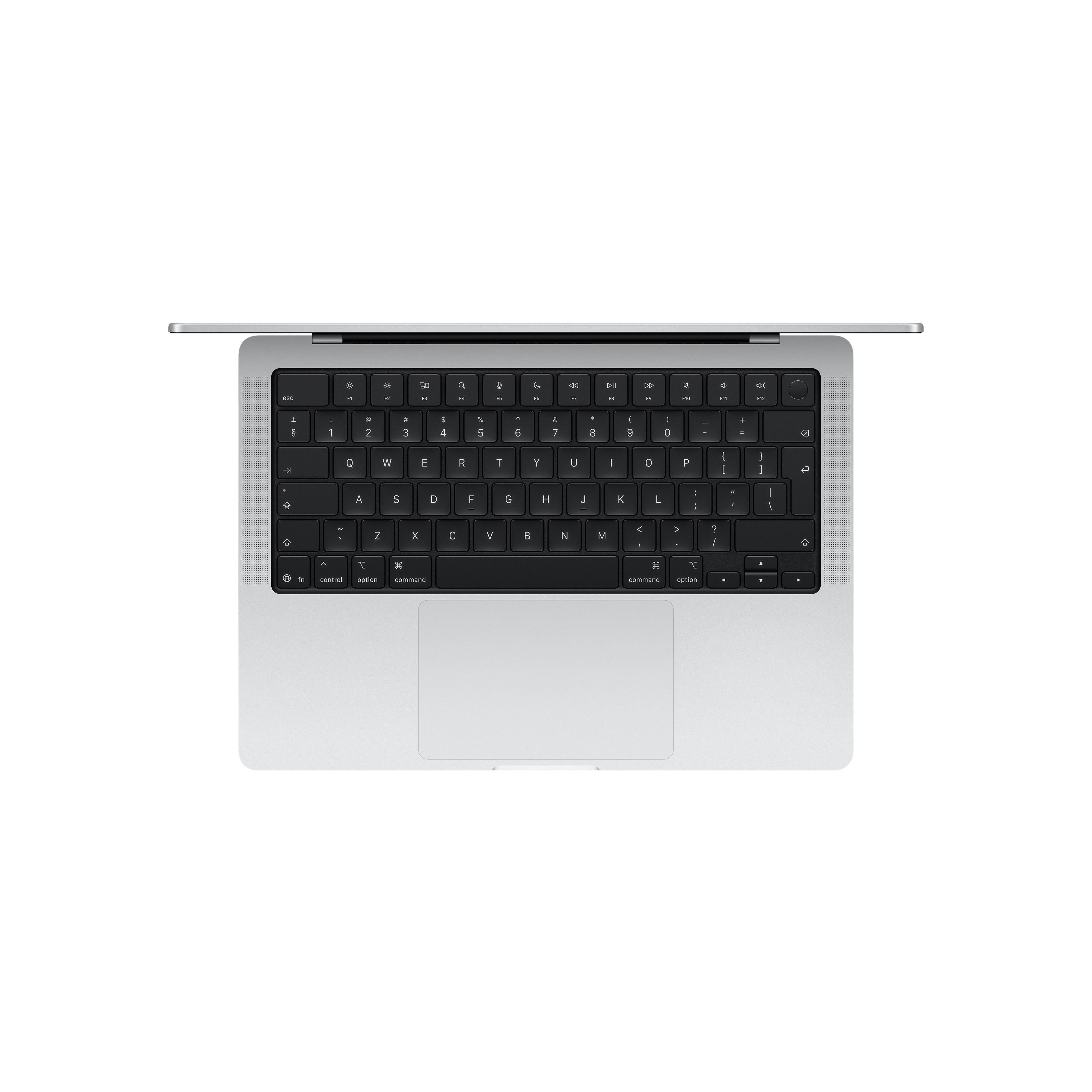 Silberner Laptop von oben mit schwarzer Tastatur und großem Trackpad auf weißem Hintergrund.