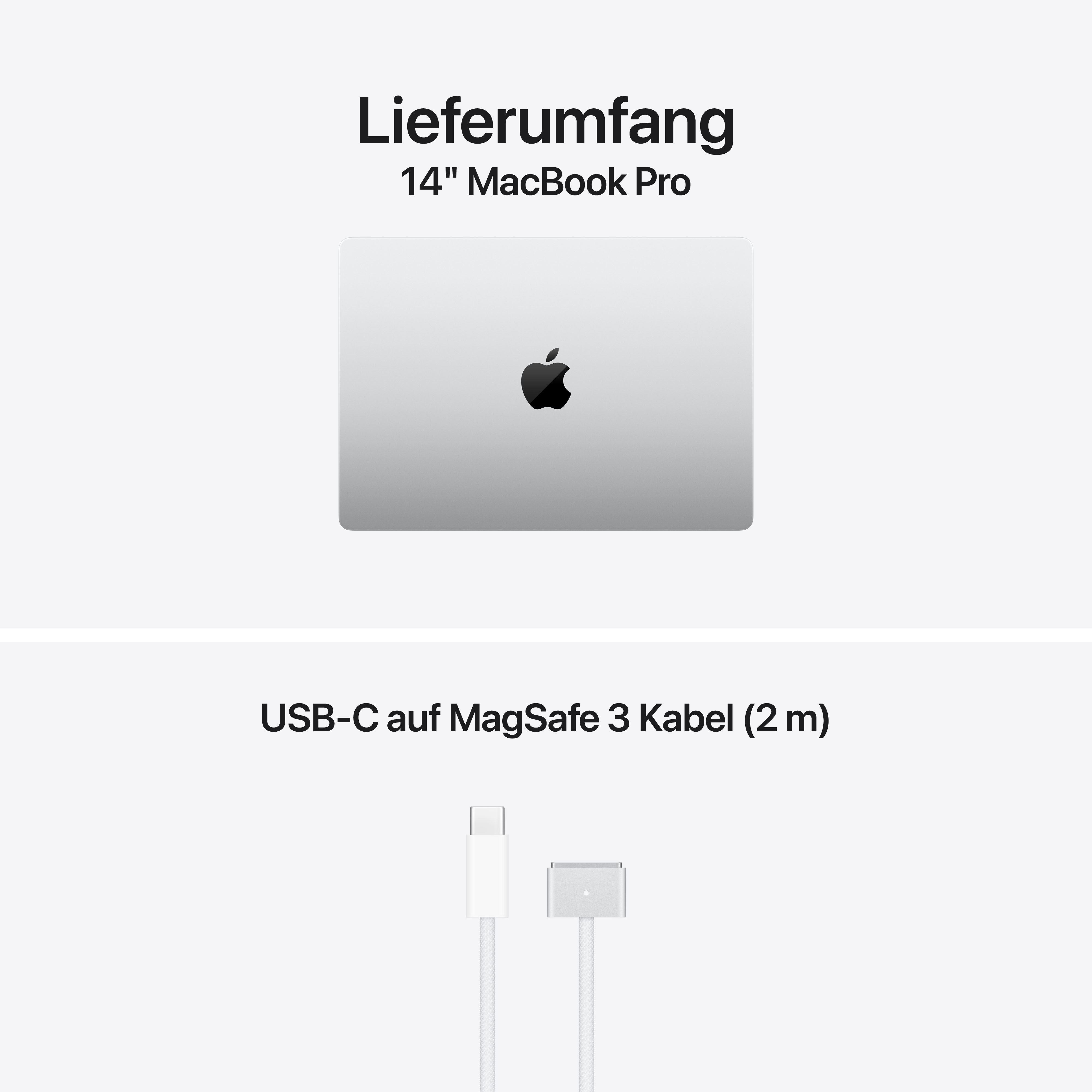 Lieferumfang: 14" MacBook Pro und USB-C auf MagSafe 3 Kabel (2 m).