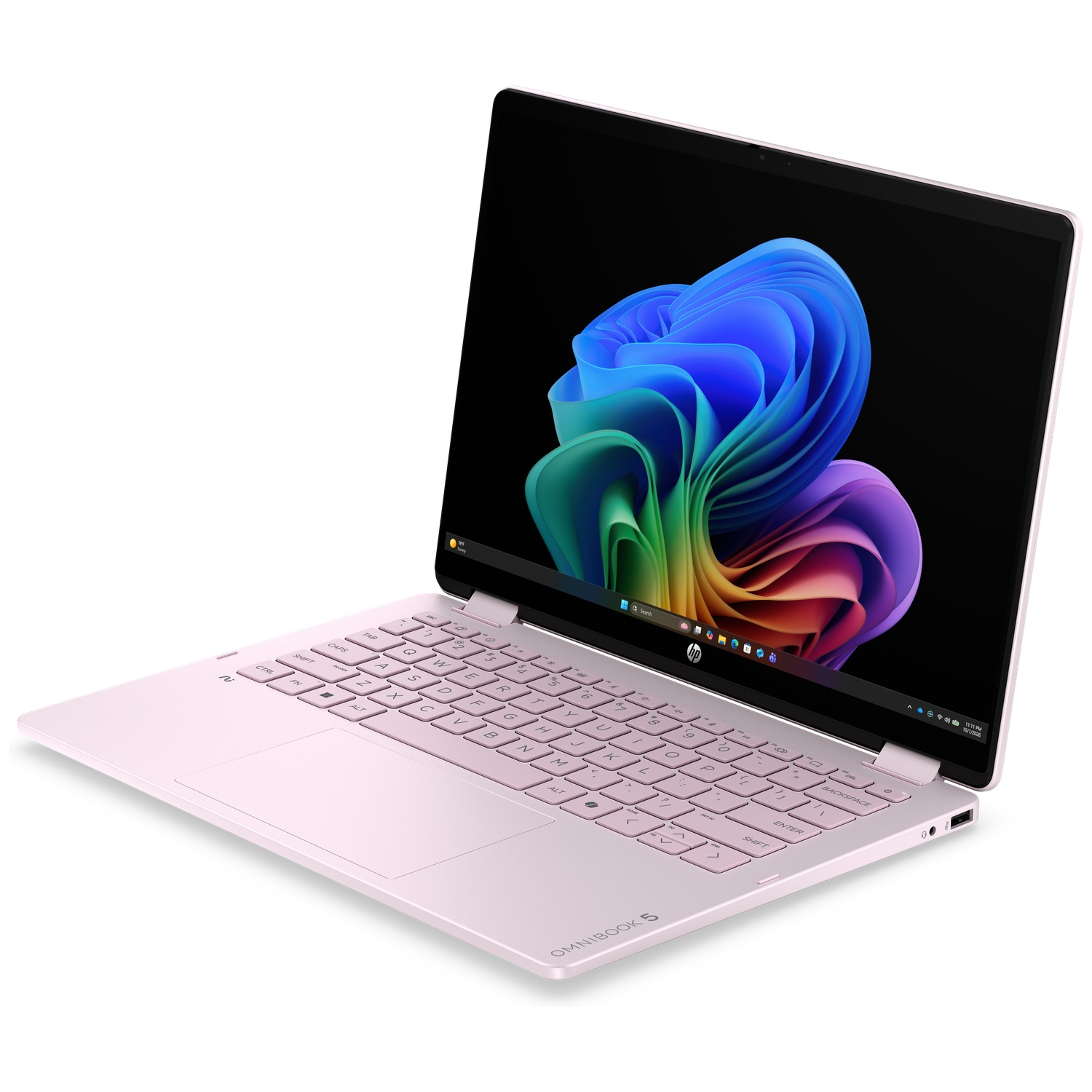Een lichtroze laptop die schuin openstaat, met een levendig blauw, groen en paars abstract behang op het scherm.
