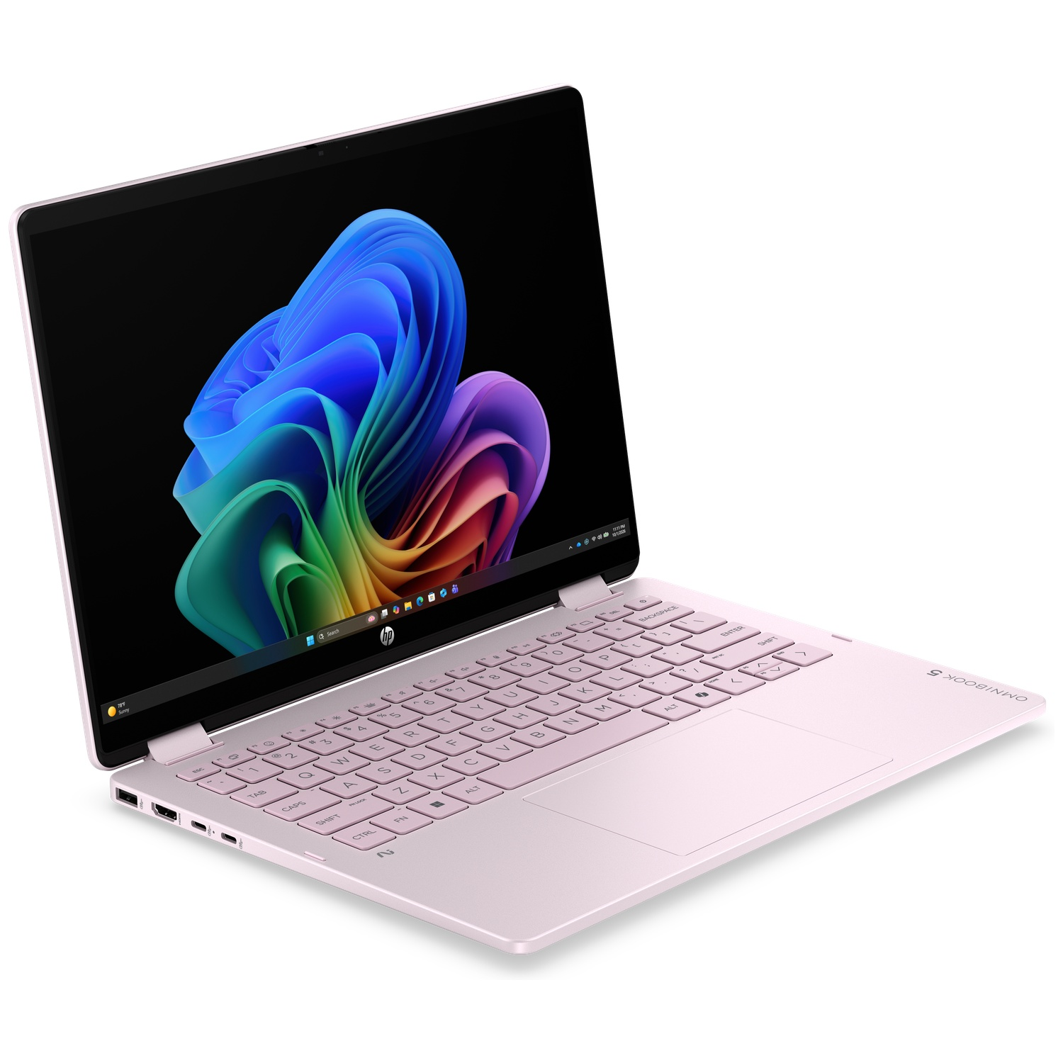 Een roze HP-laptop met open scherm toont een kleurrijke abstracte achtergrond.