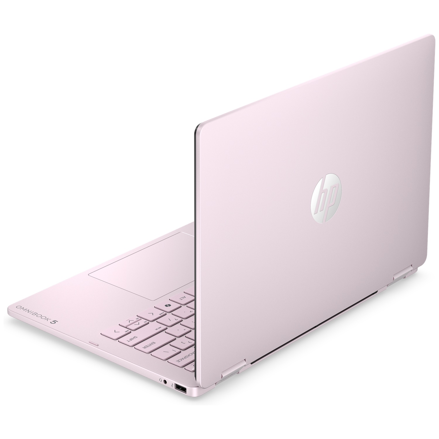 Een lichtroze HP OmniBook 5 laptop van rechtsachter, met toetsenbord en het HP-logo op het deksel.
