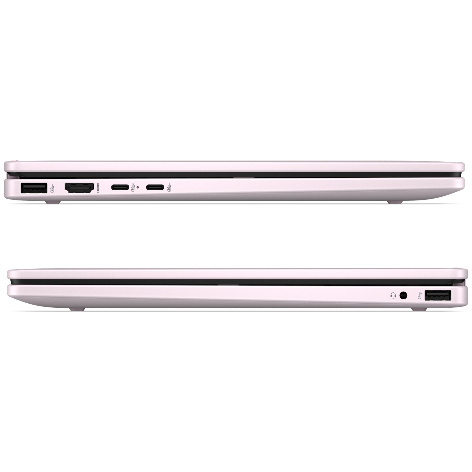 Zijaanzicht van een gesloten roze laptop met verschillende poorten aan beide kanten tegen een witte achtergrond.