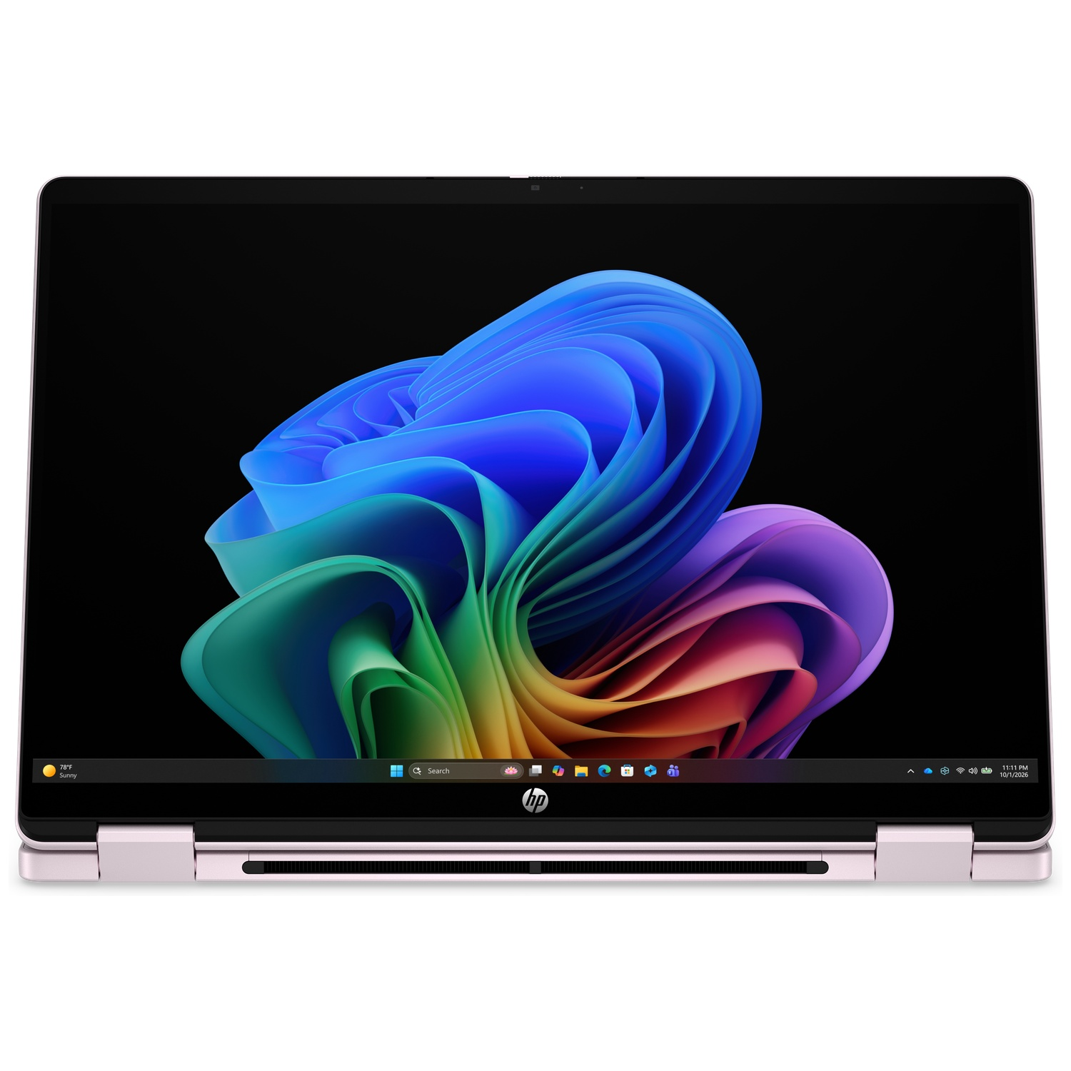 Een roze HP-laptop met een levendig, kleurrijk abstract wallpaper op het scherm.