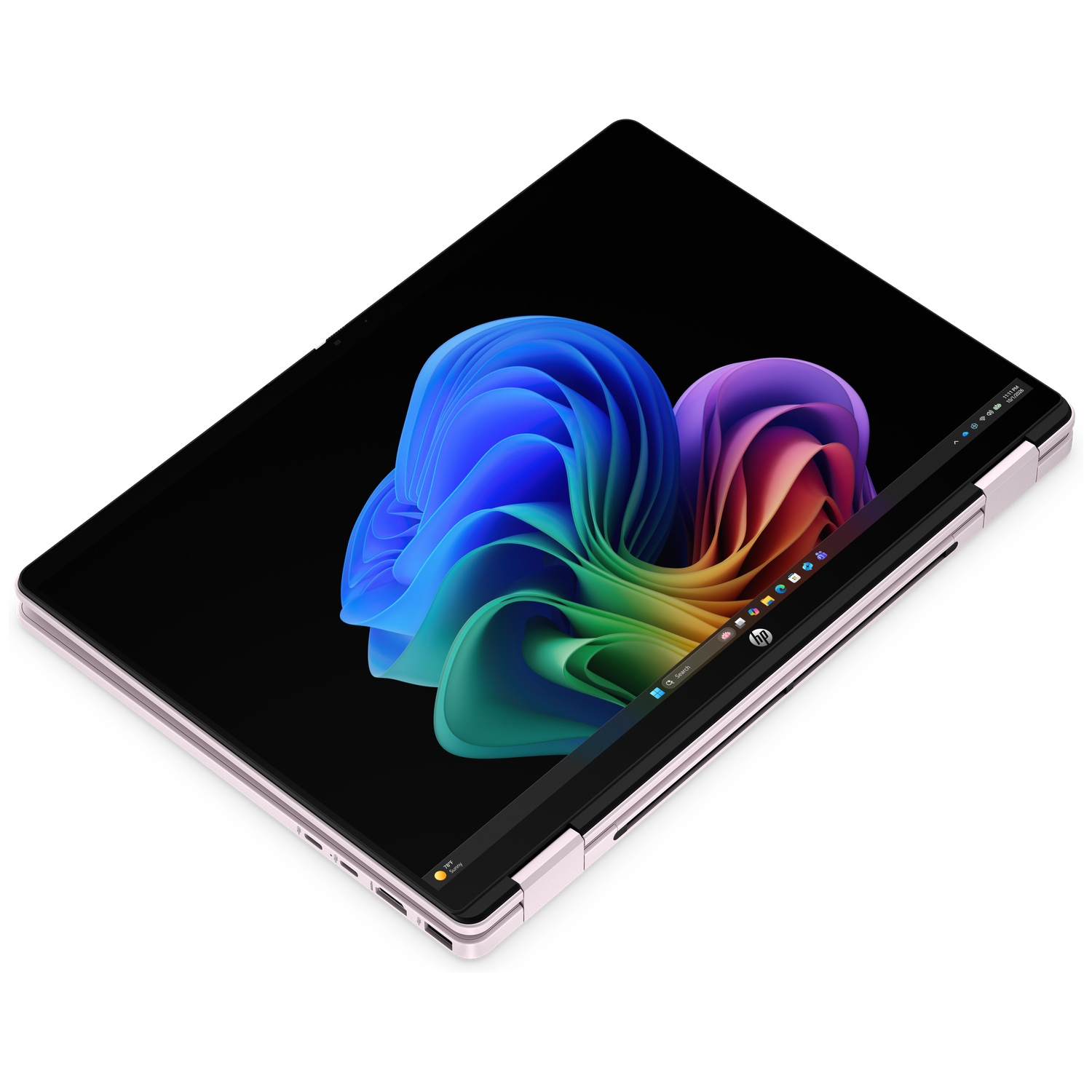 Een roségouden laptop in tabletmodus met een abstract, kleurrijk bloemenpatroon op het scherm tegen een witte achtergrond.