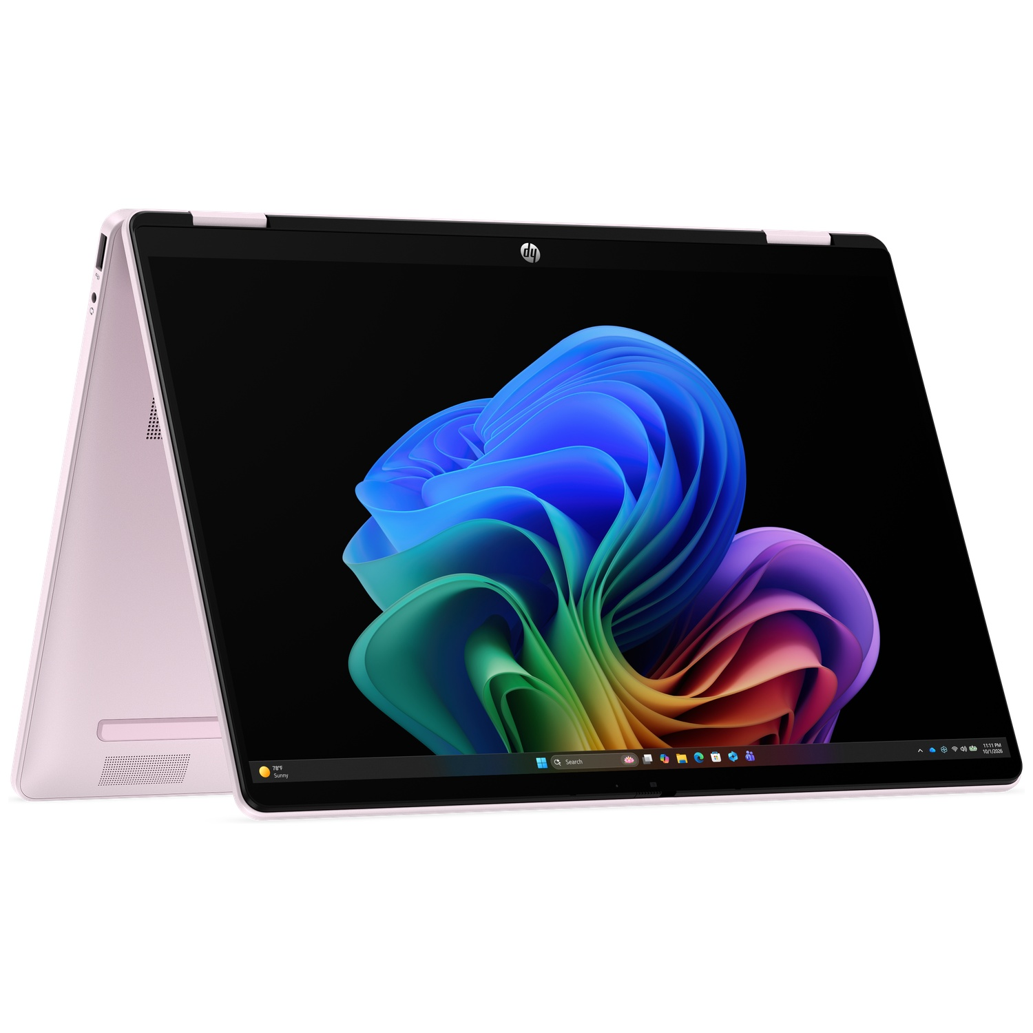 Een roze HP-laptop in tentstand toont een kleurrijk, abstract bureaubladachtergrond.