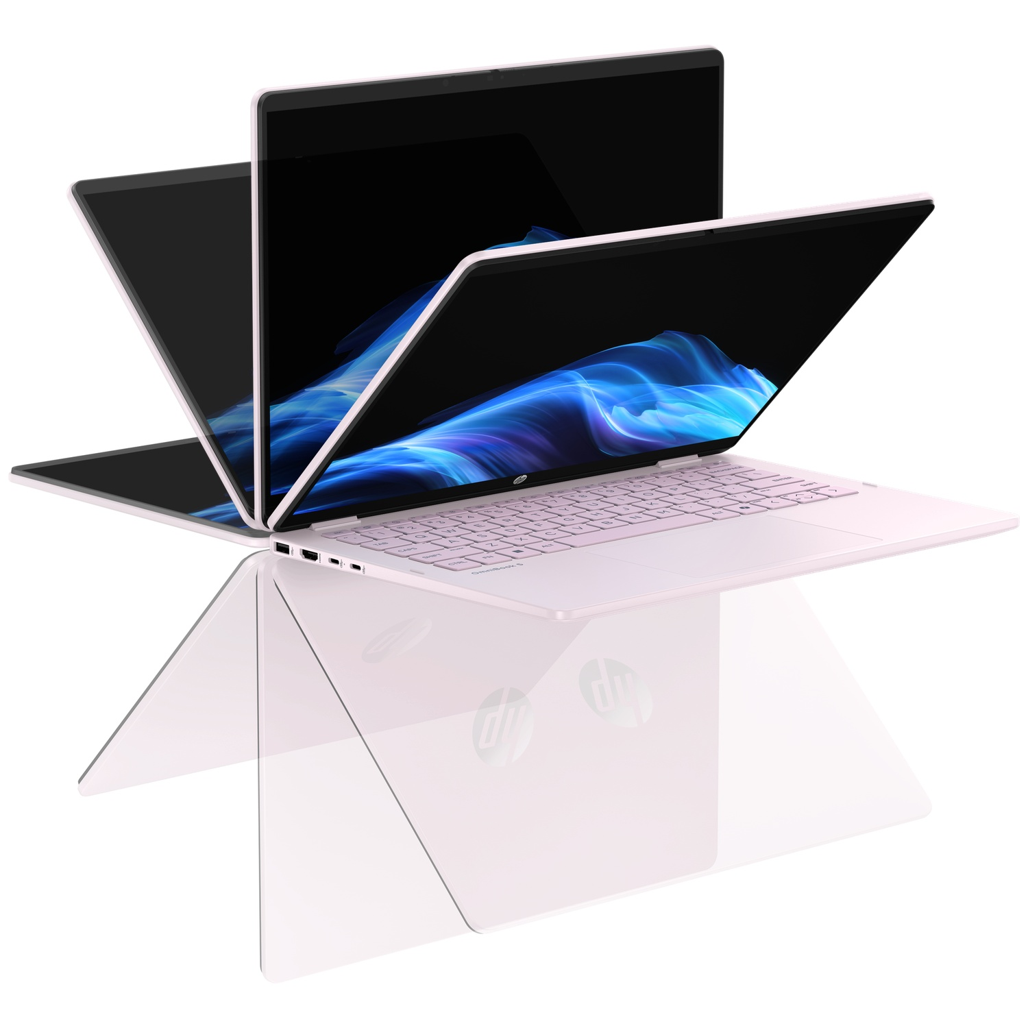 Een roze HP-laptop is meerdere keren opengeklapt met blauwe schermgraphics op een witte reflecterende ondergrond.
