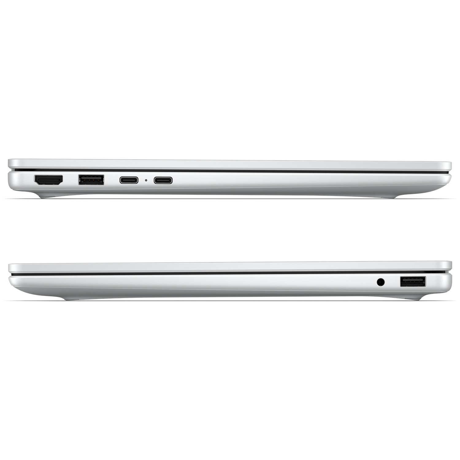 Zijaanzichten van een zilveren laptop met diverse poorten zoals USB-C, HDMI en USB-A.