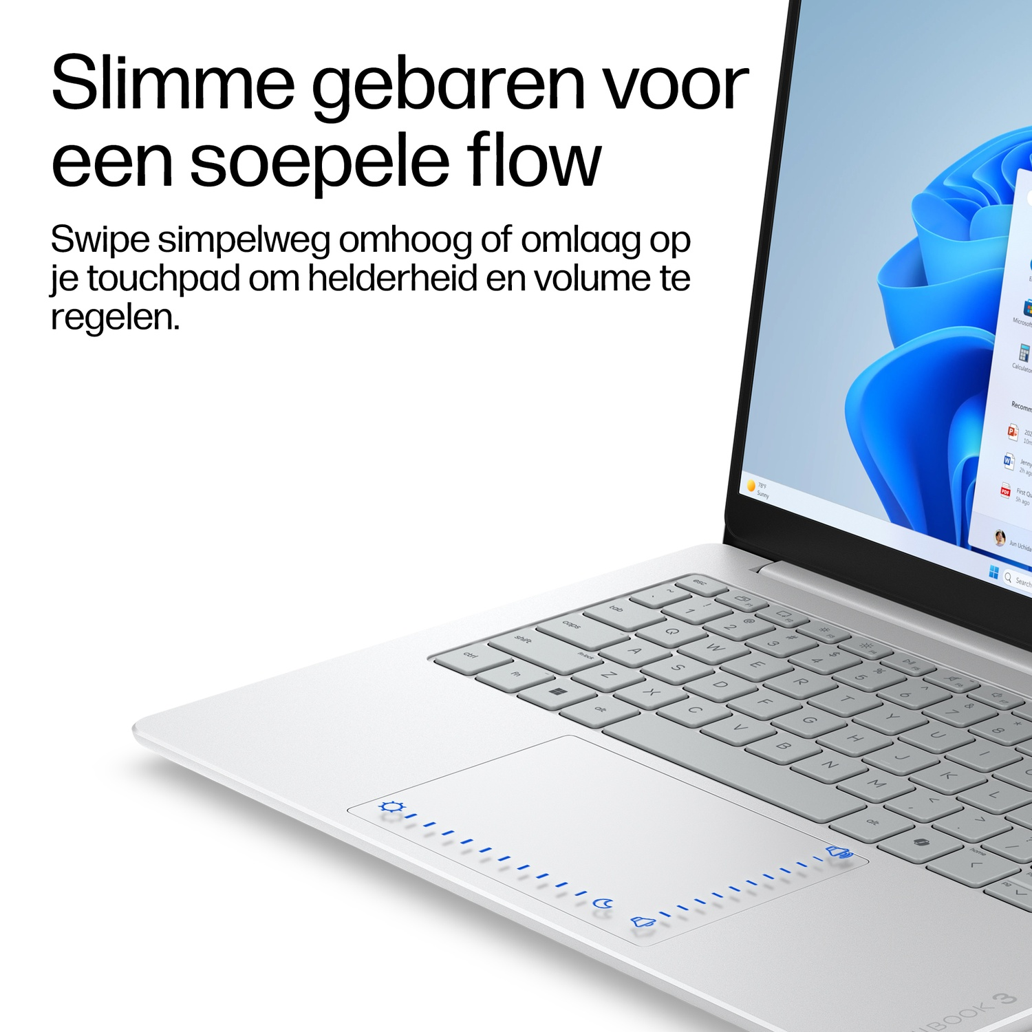 Laptop met een touchpad waarop helderheids- en volume-iconen te zien zijn.