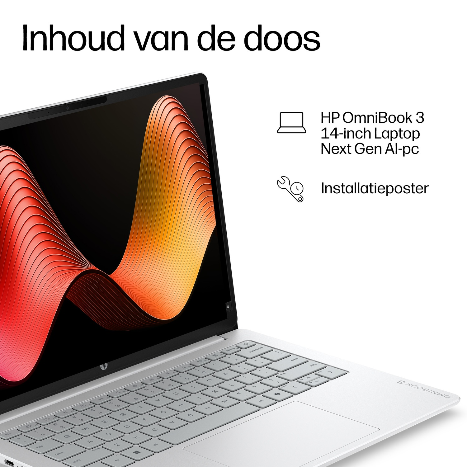 Inhoud van de doos met HP OmniBook 3 14-inch laptop en poster.