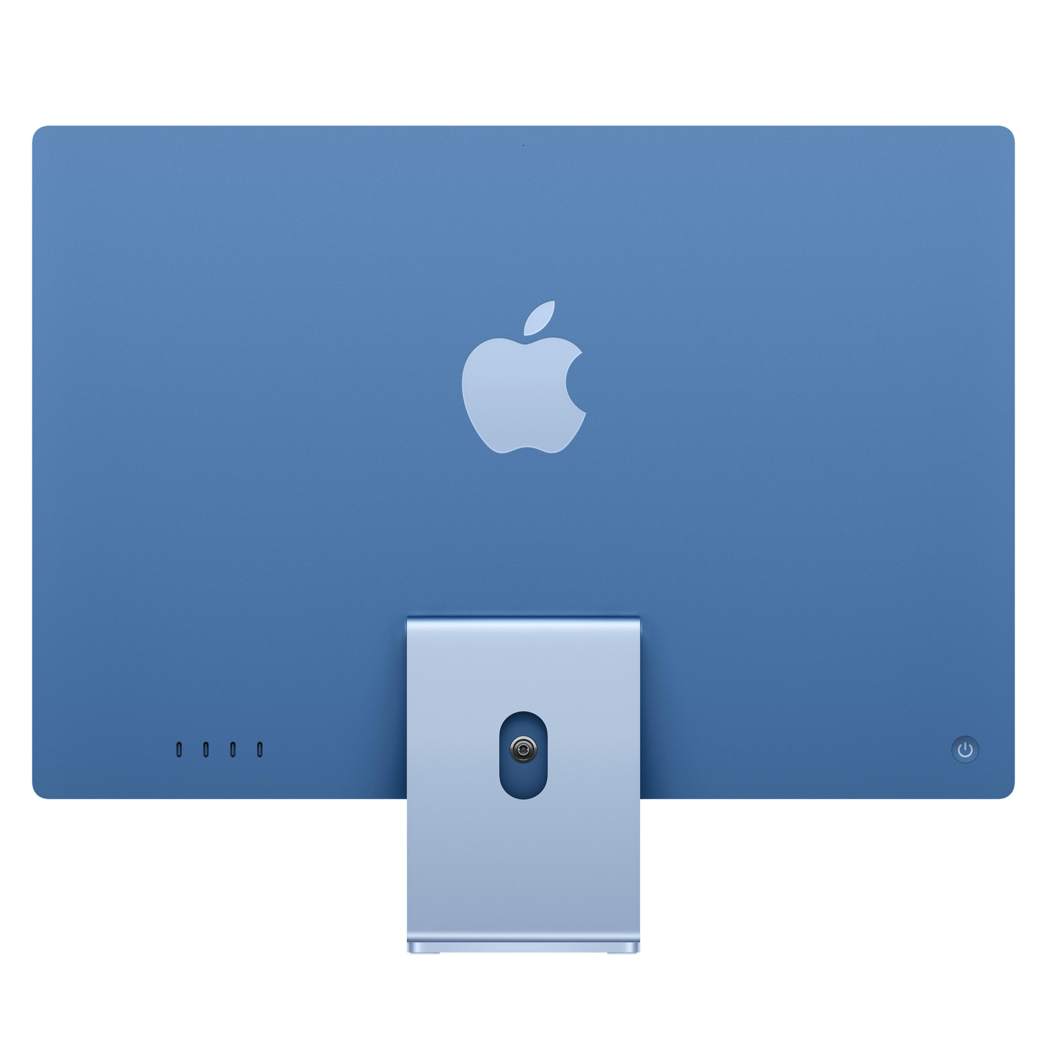 Rückseite eines blauen Apple iMac mit Apfel-Logo, Standfuß, vier Anschlüssen und Einschalttaste auf weißem Grund.