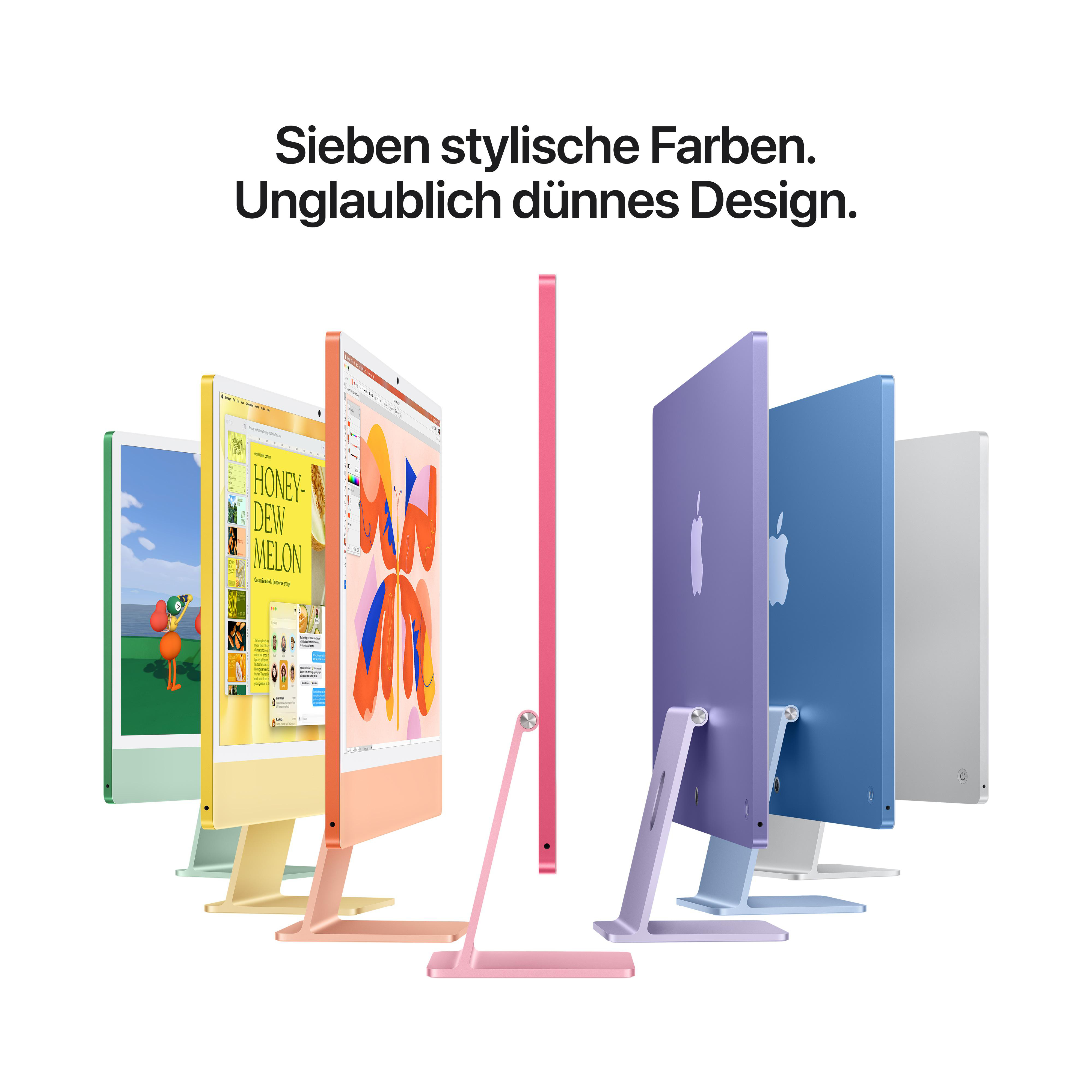 Sieben bunte iMacs nebeneinander auf weißem Hintergrund, mit Text auf Deutsch.