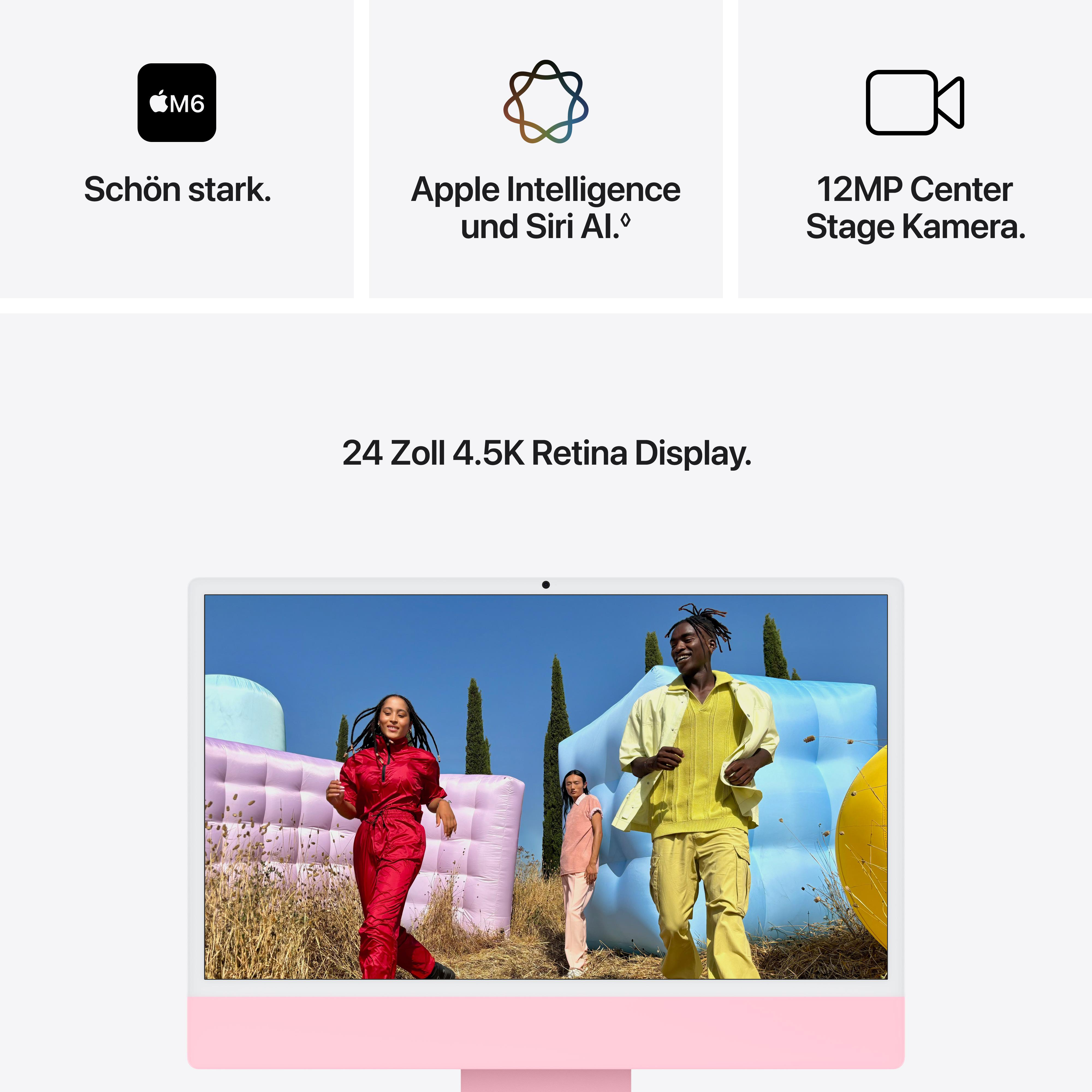 Computerbildschirm mit drei Personen vor bunten Hüpfburgen und Icons für M4, Apple Intelligence und Kamera.