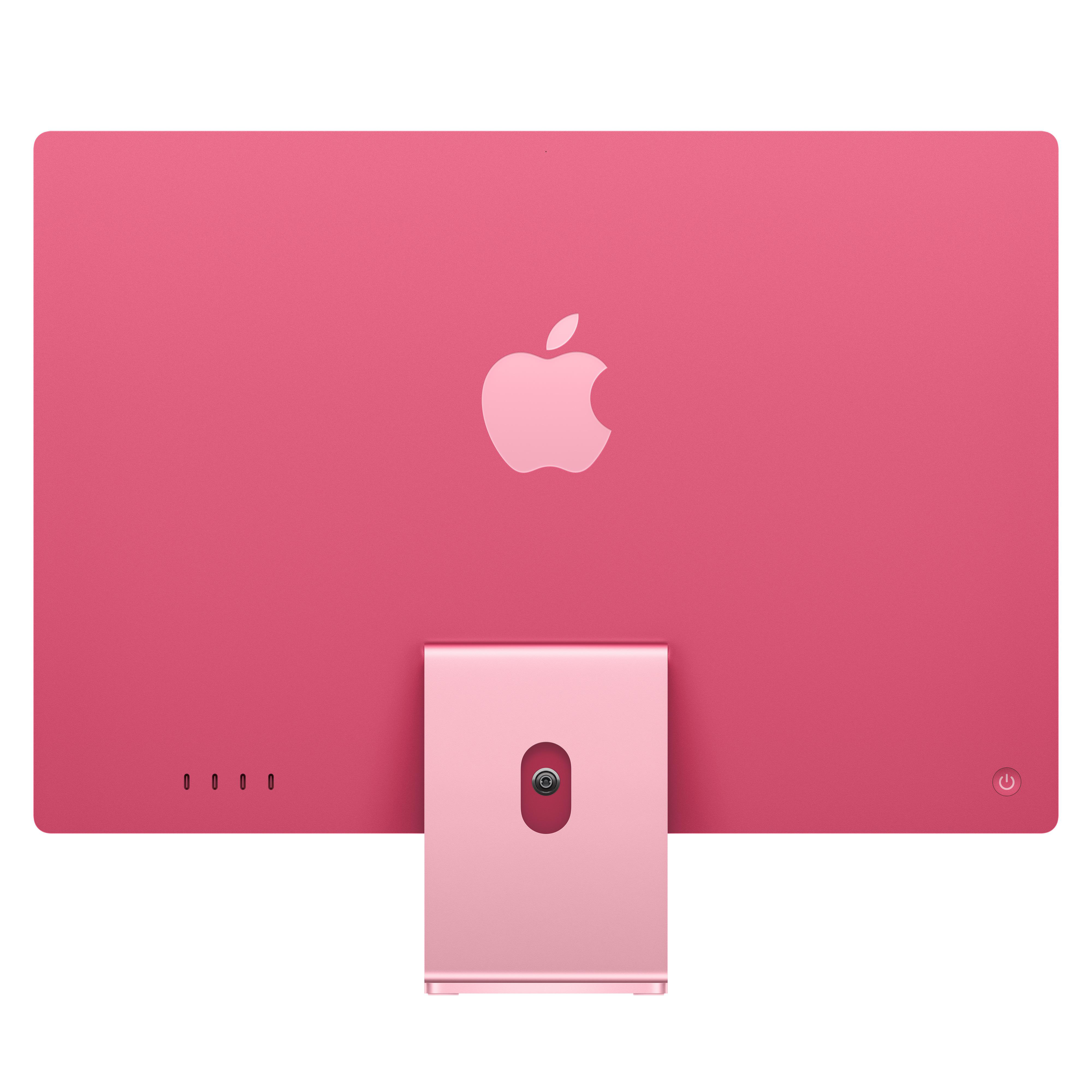 Die Rückseite eines pinken iMacs mit einem Apple-Logo, Standfuß und Anschlüssen auf weißem Hintergrund.