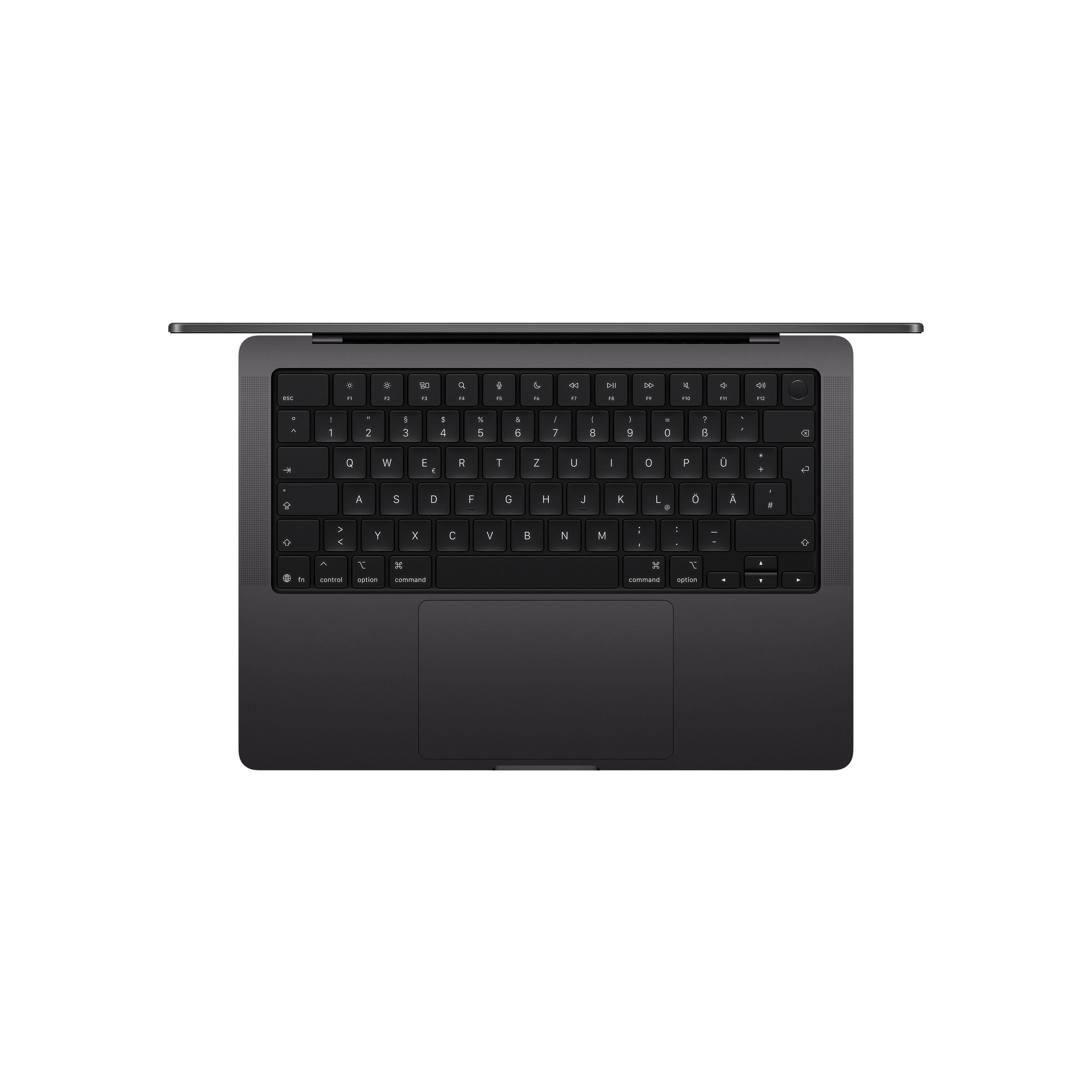 Draufsicht auf eine graue Laptopschale mit Tastatur und Trackpad.