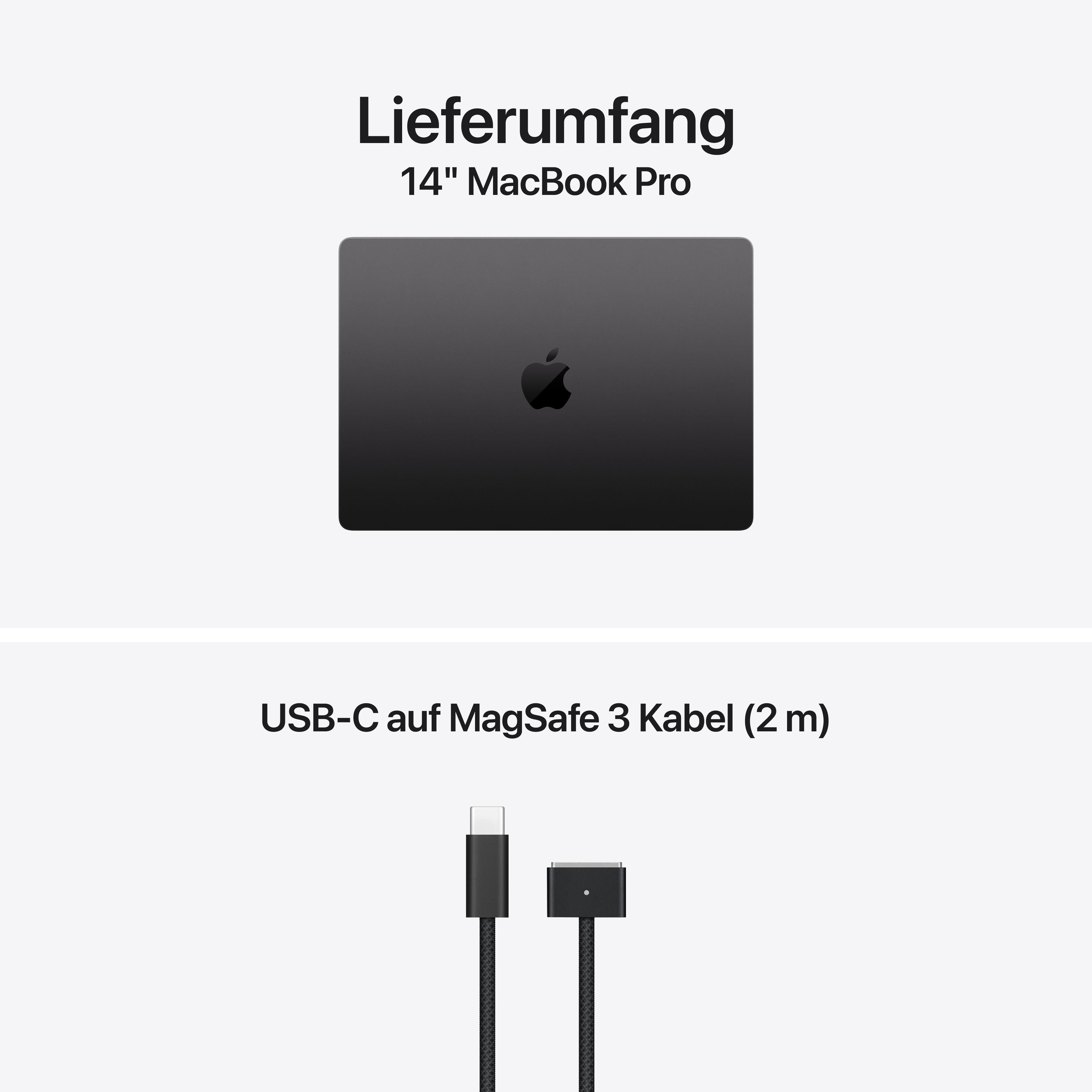 Lieferumfang mit 14" MacBook Pro und 2m USB-C auf MagSafe 3 Kabel auf hellem Hintergrund.