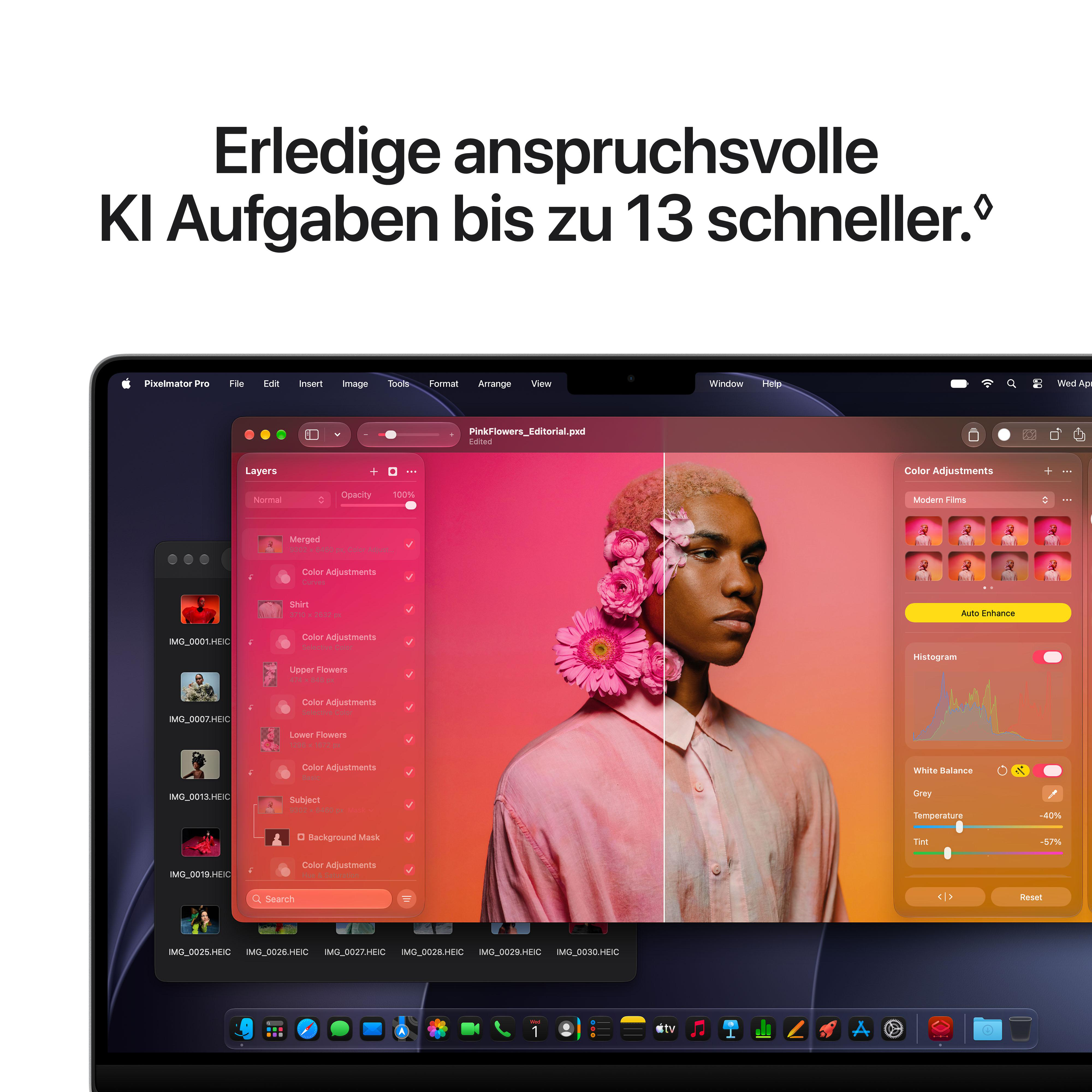 Ein Mac-Bildschirm zeigt die Fotobearbeitungs-App Pixelmator Pro mit geöffneten Ebenen und Farbanpassungen.