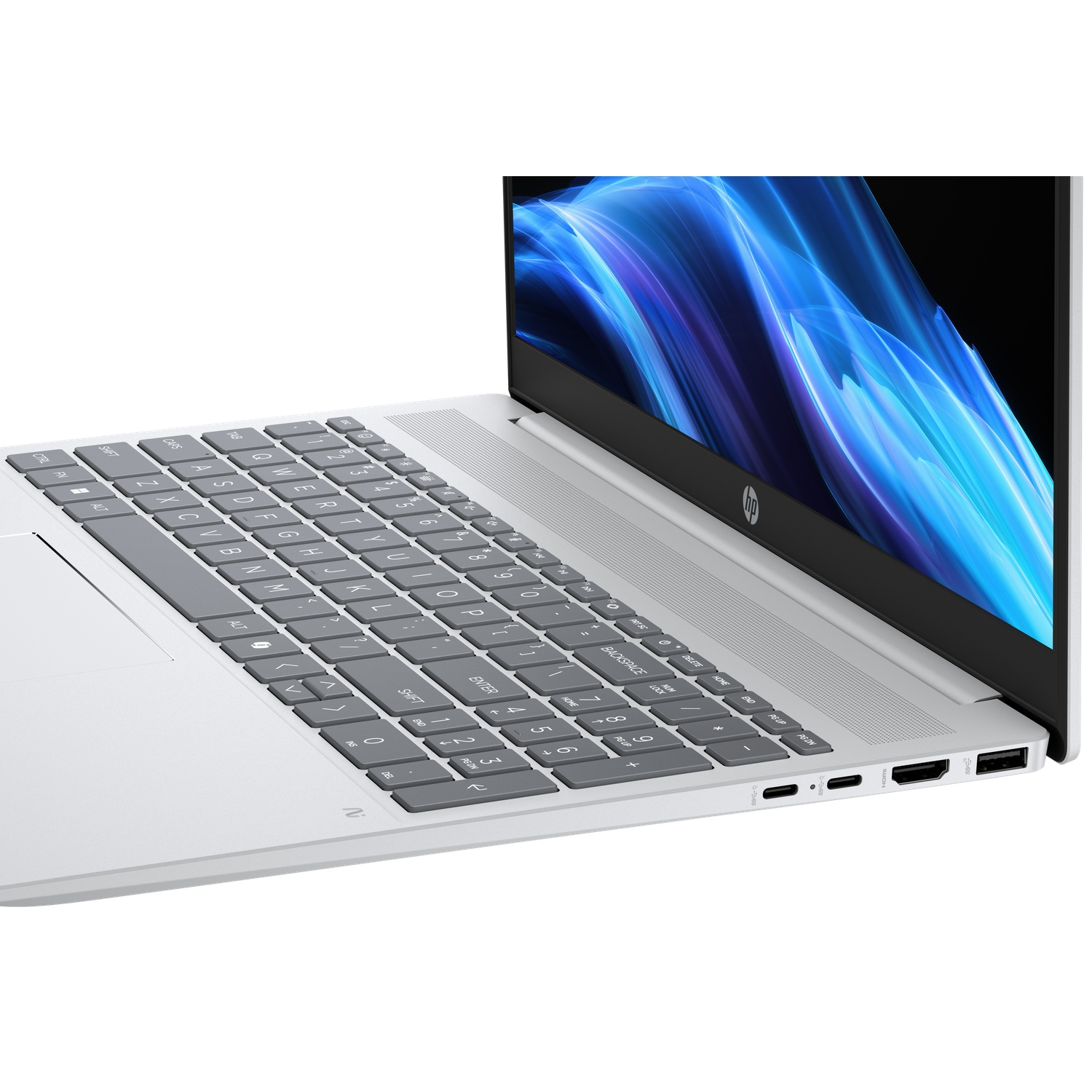 Zilveren laptop in profiel met grijs toetsenbord en blauw scherm.