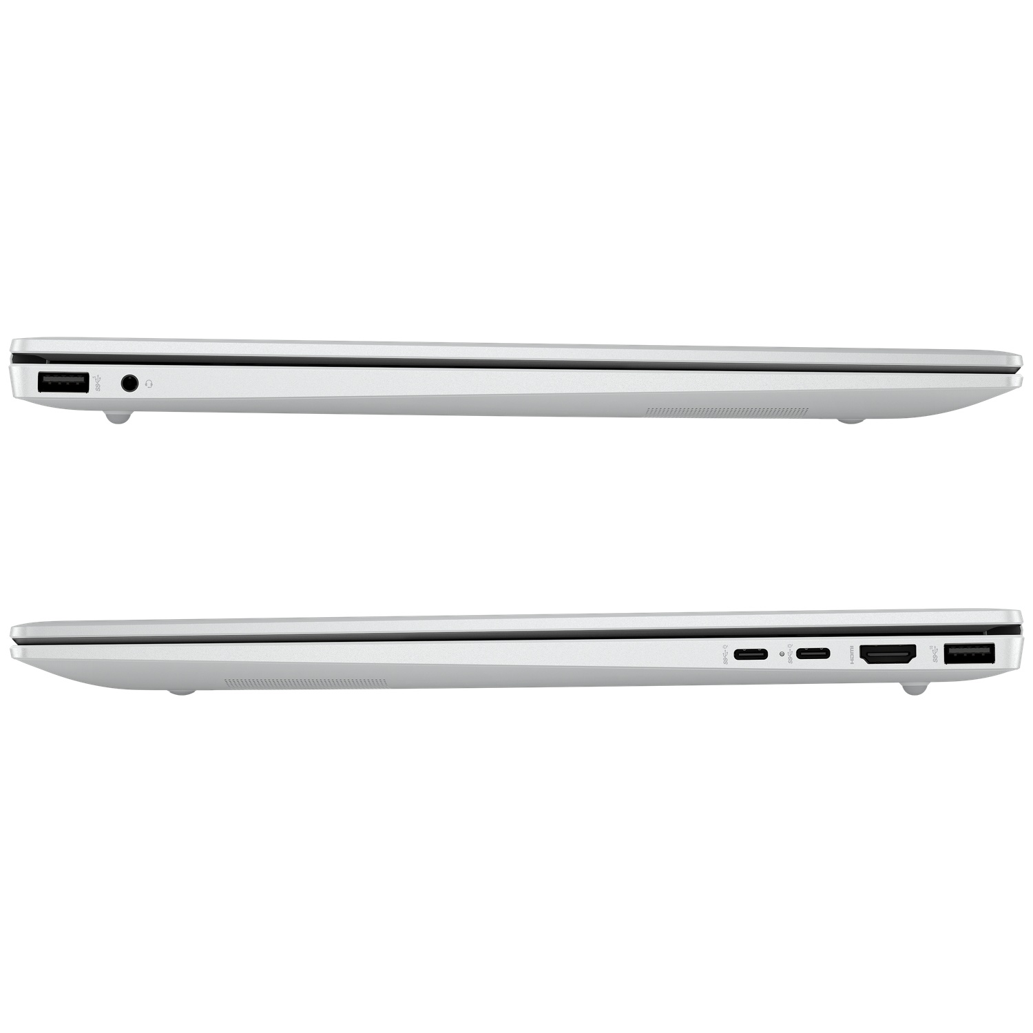 Zijaanzicht van een zilveren laptop met verschillende poorten.