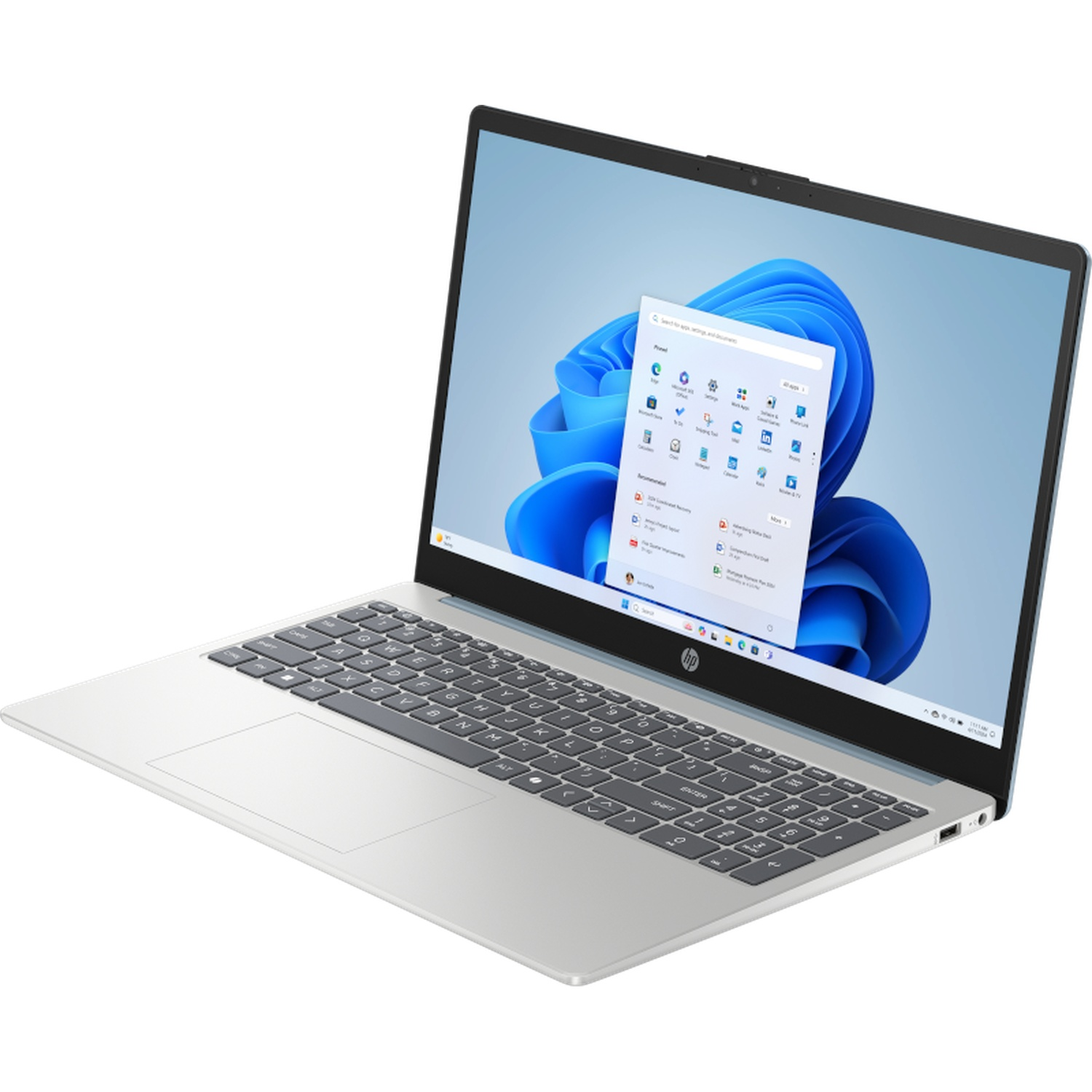 Een zilveren laptop met een zwart toetsenbord en een blauwe Windows-achtergrond op het scherm.