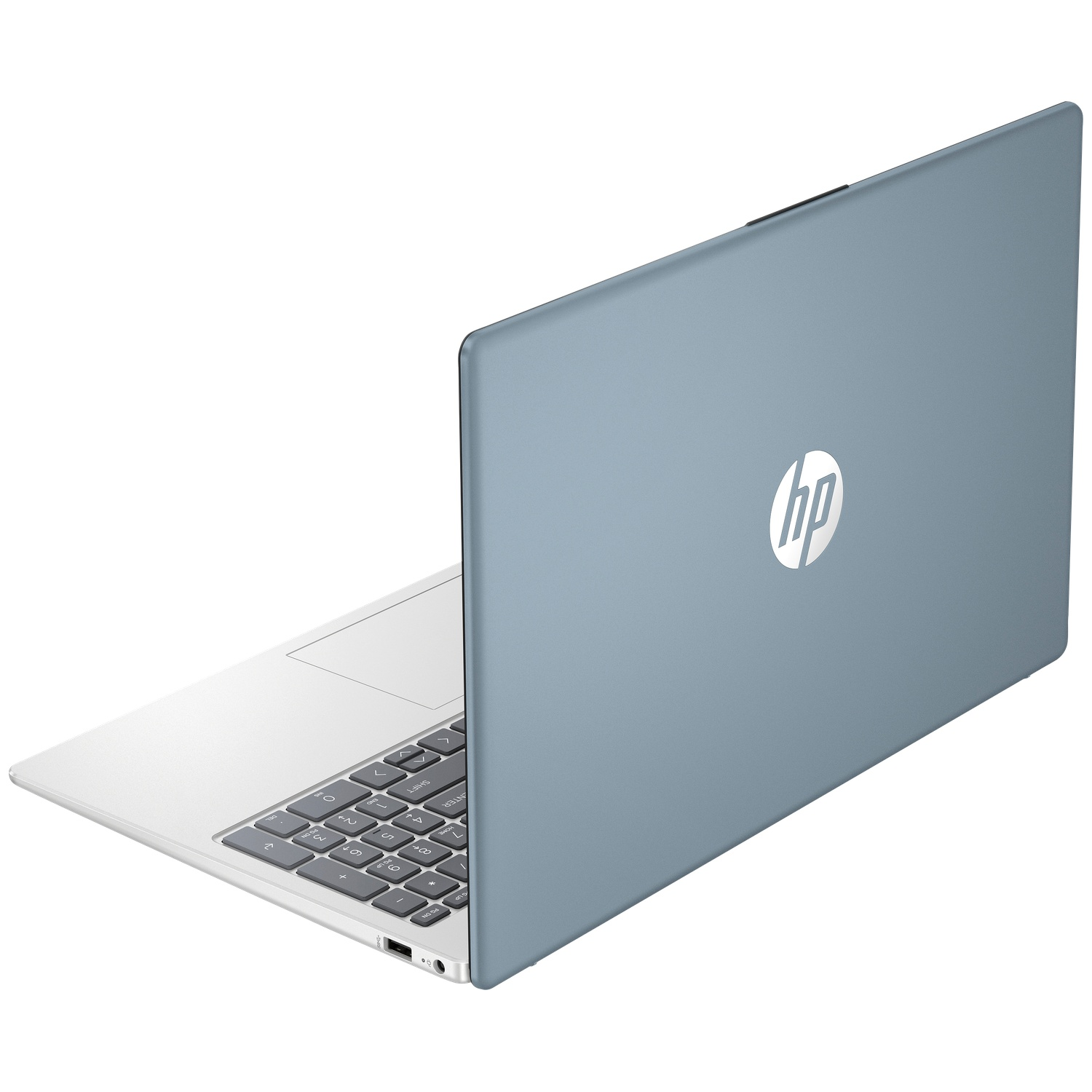 Een blauwe HP laptop staat open op een wit oppervlak, met zicht op het toetsenbord en logo.