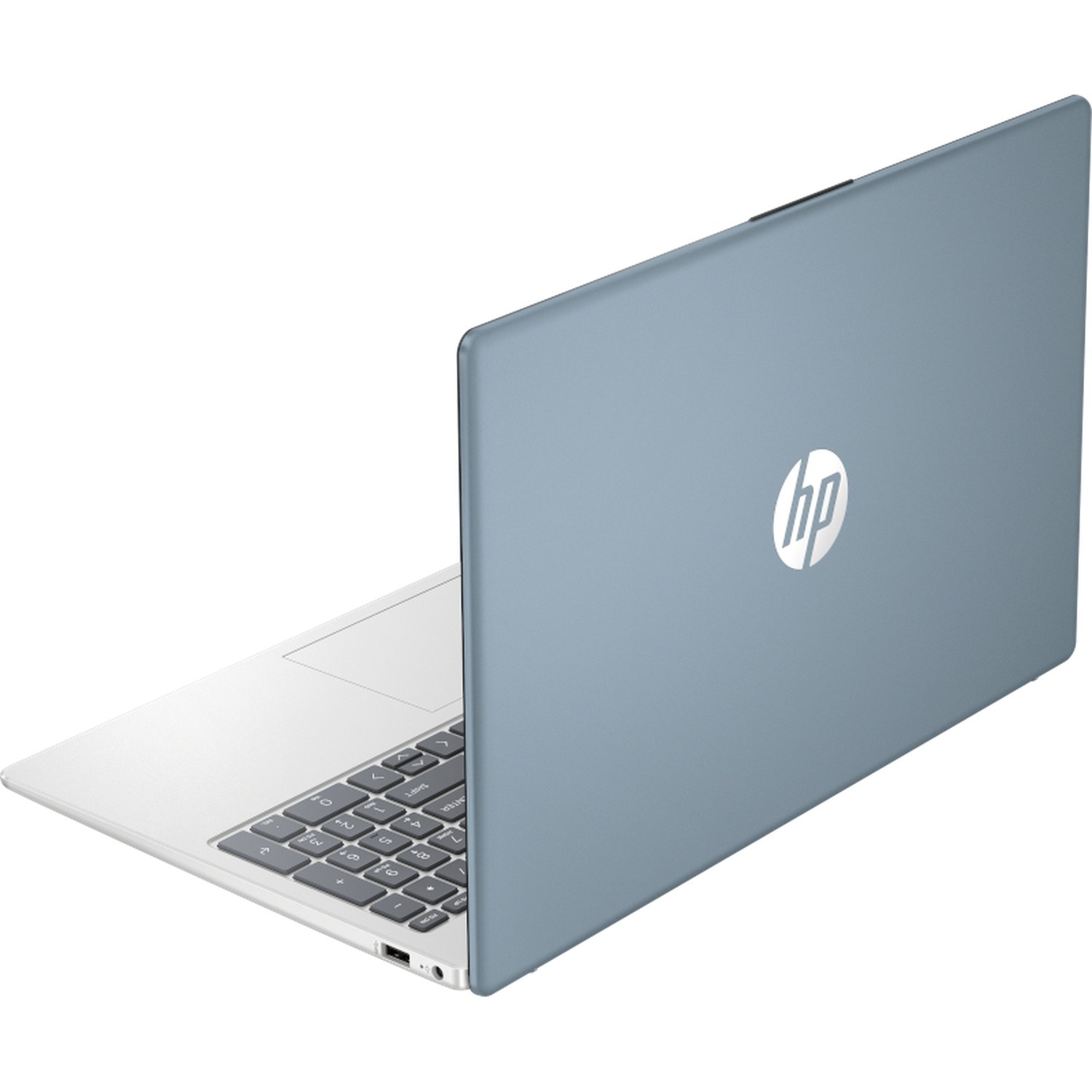 Open blauwe HP laptop met wit toetsenbord op een lichte achtergrond.