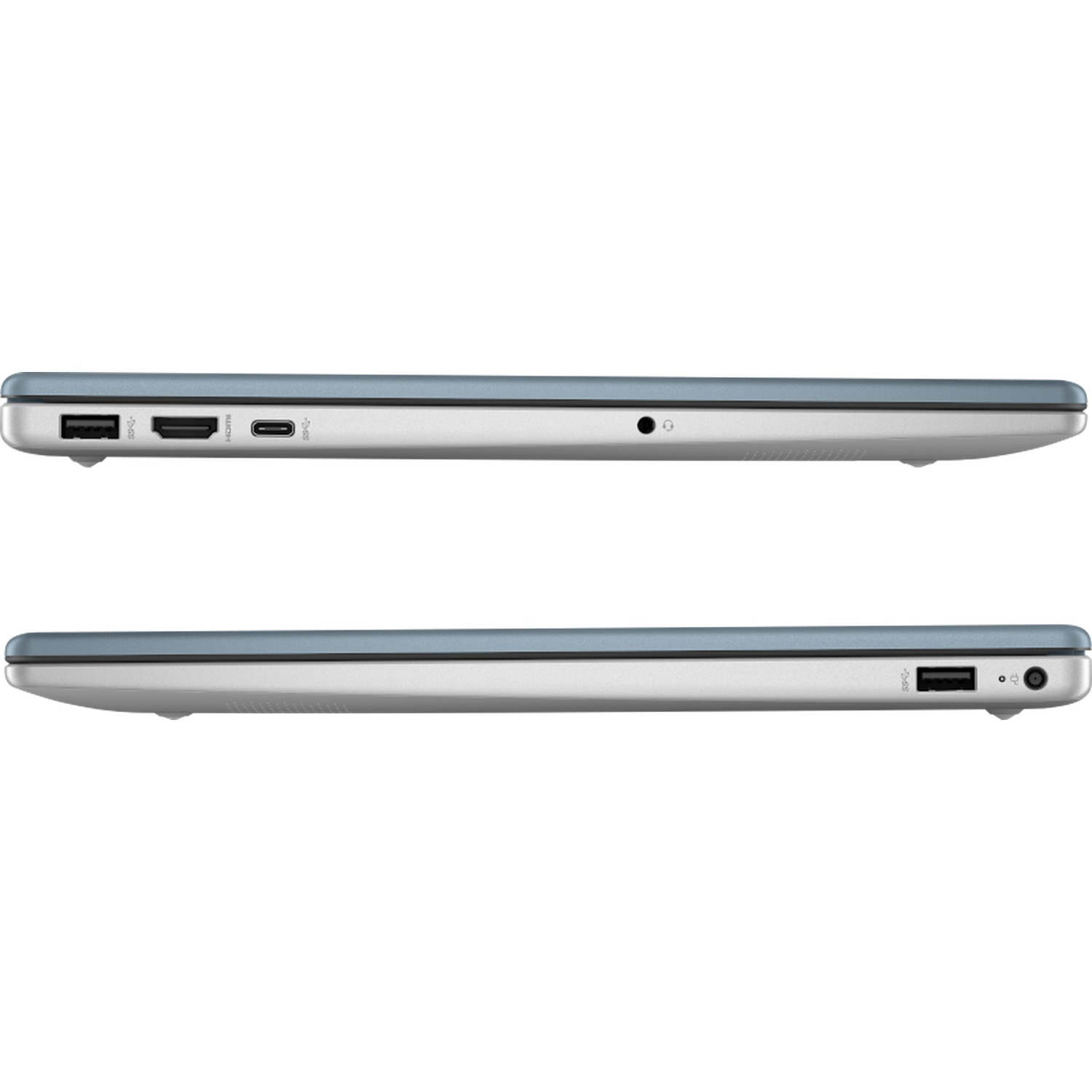 Zijaanzichten van een grijze en zilveren laptop met USB-, HDMI- en audio-poorten.