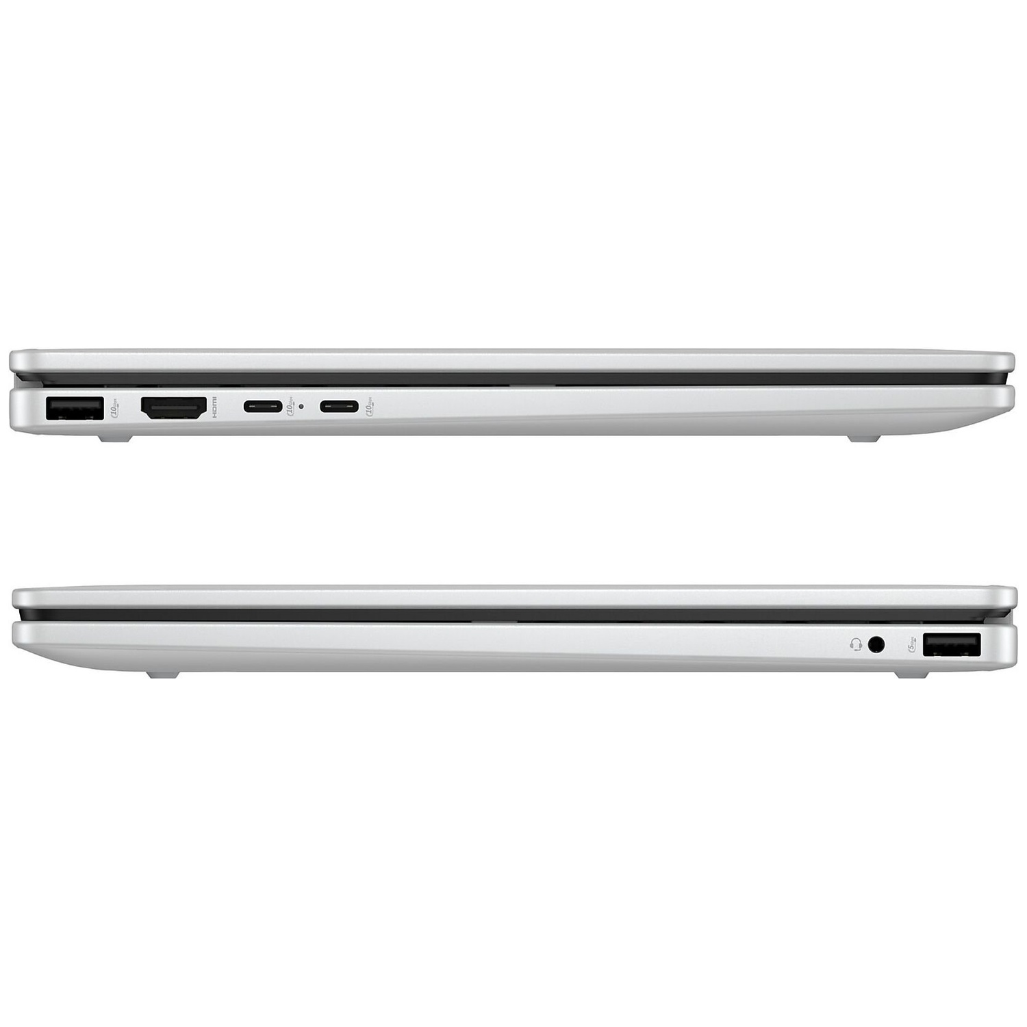 Zijaanzichten van een gesloten zilveren laptop met verschillende poorten aan beide kanten op een witte achtergrond.