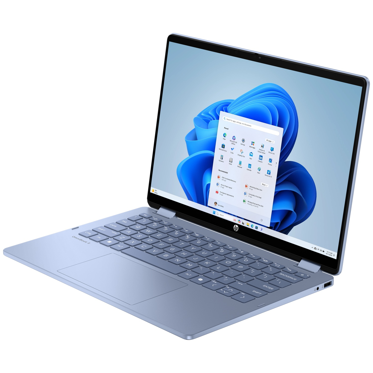 Een blauwe laptop met een open scherm toont het startmenu en toetsenbord.