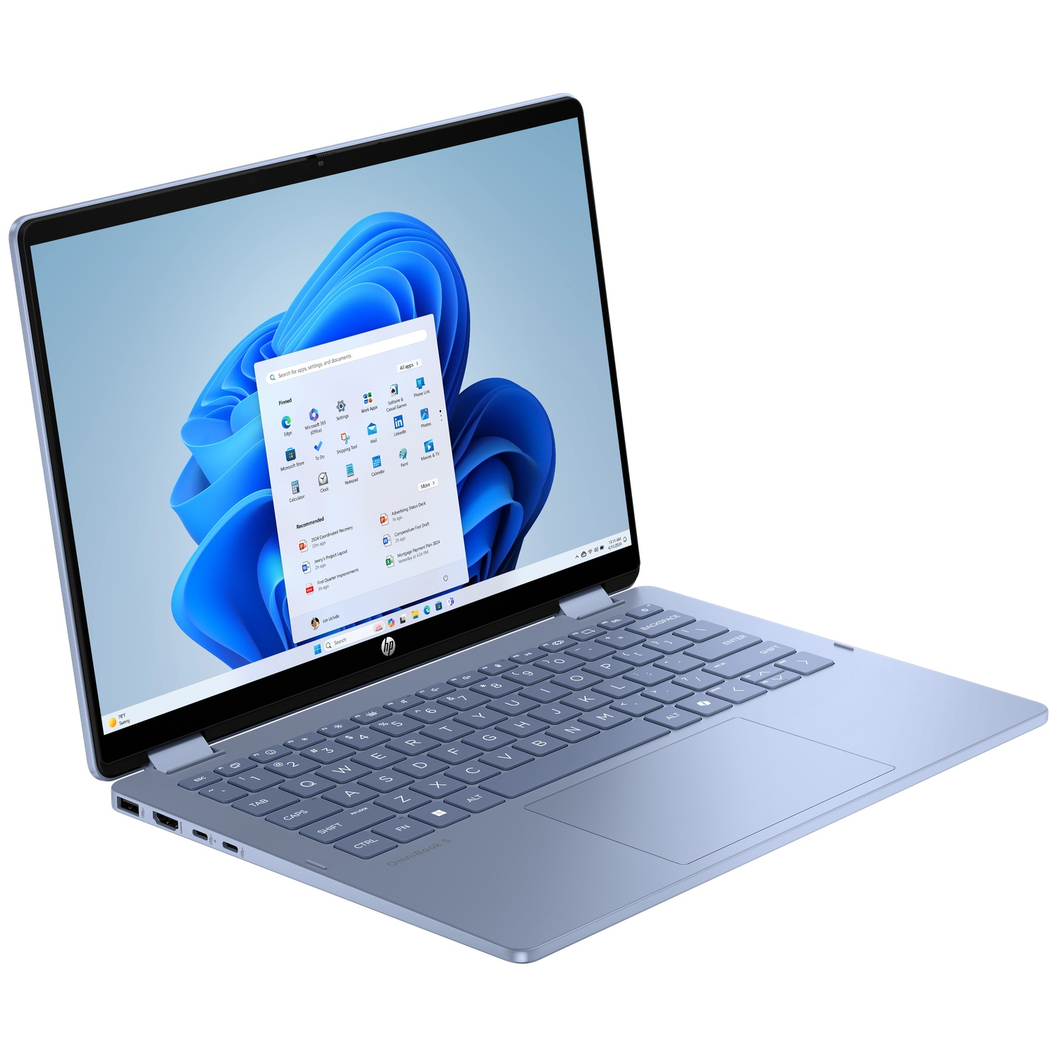 Een blauwe laptop met een open scherm toont het Windows-startmenu en een blauwe achtergrond.