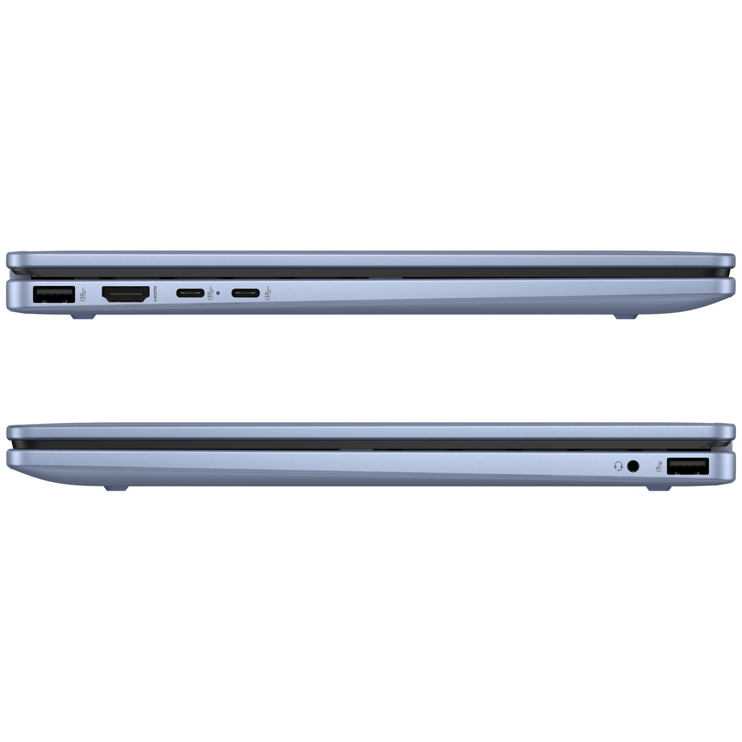 Zijaanzicht van een blauwe laptop met USB-, HDMI- en audiopoorten.
