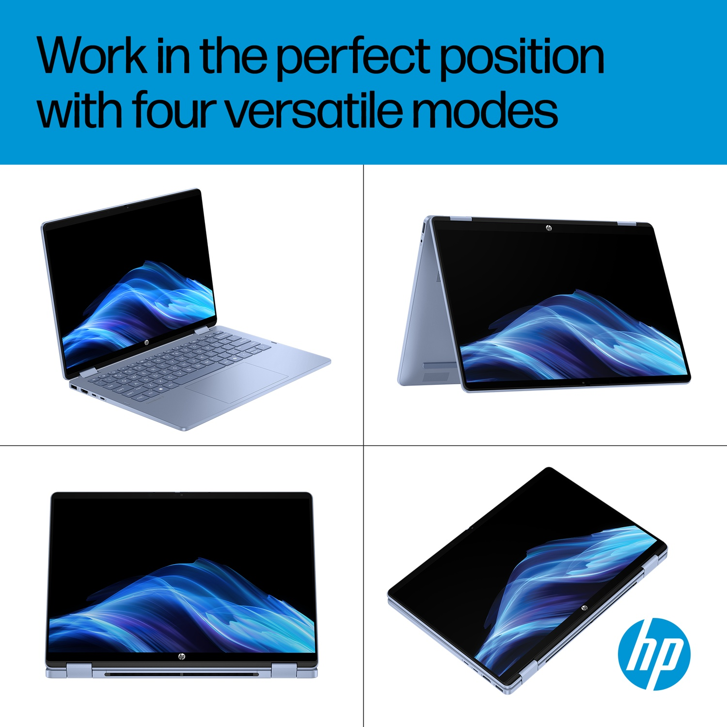 Een blauwe HP laptop getoond in vier modi met tekst daarboven.