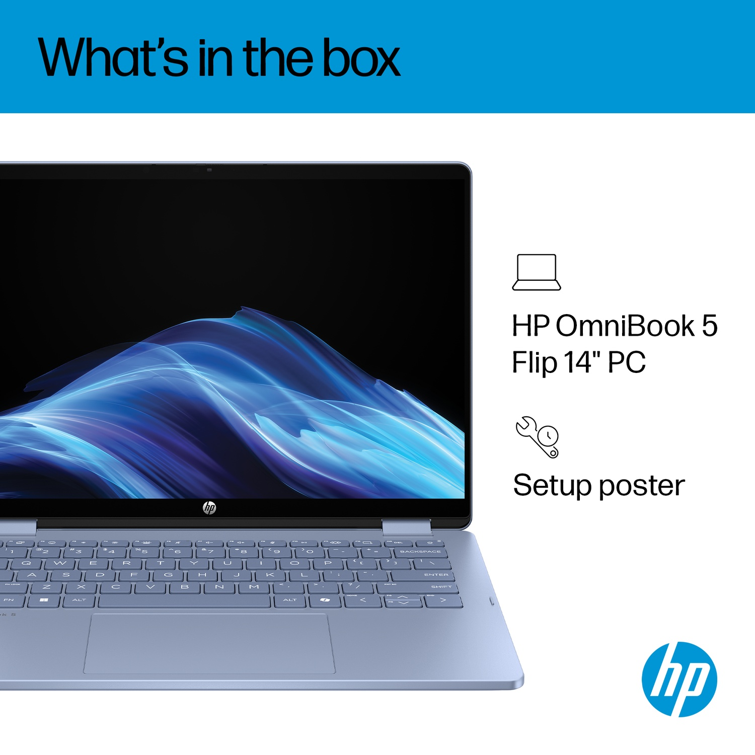 HP OmniBook 5 Flip 14" pc en installatieposter in de doos.