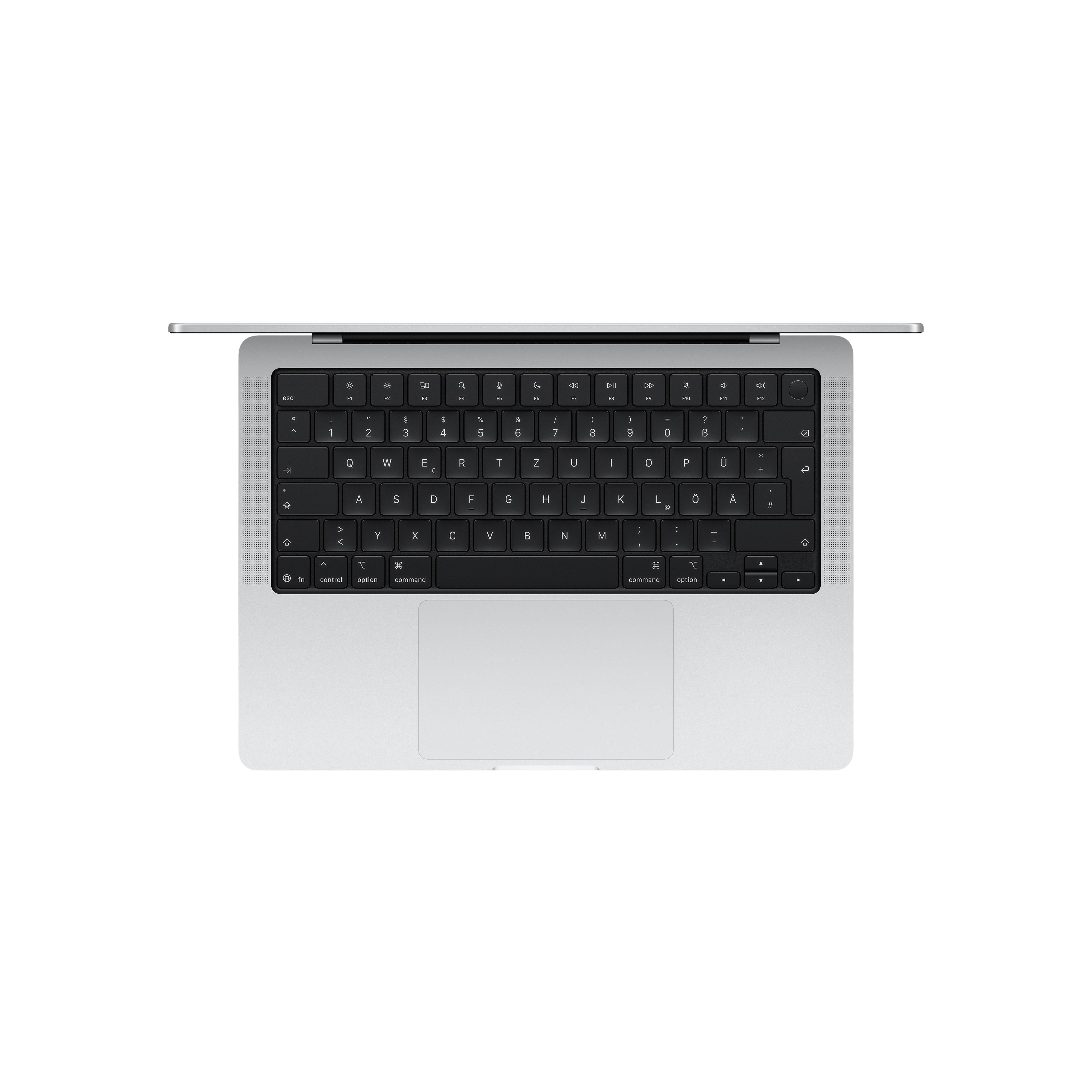 Ansicht von oben auf ein offenes silbernes Laptop mit deutscher QWERTZ-Tastatur und Trackpad vor weißem Hintergrund.