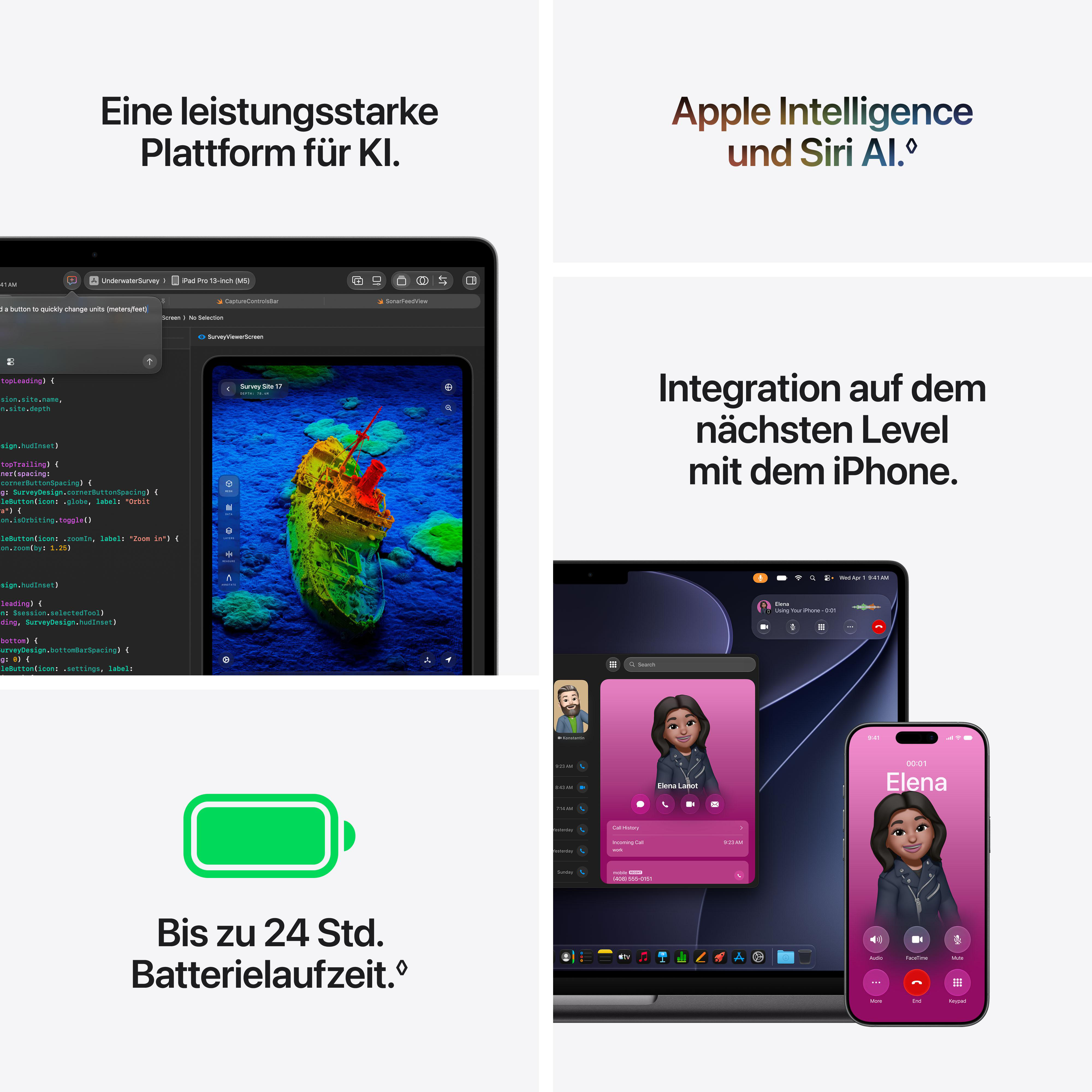 Verschiedene Bildschirme mit Softwarecode, iPhone, Apple Intelligence und Batterieanzeige für 24 Stunden Laufzeit.
