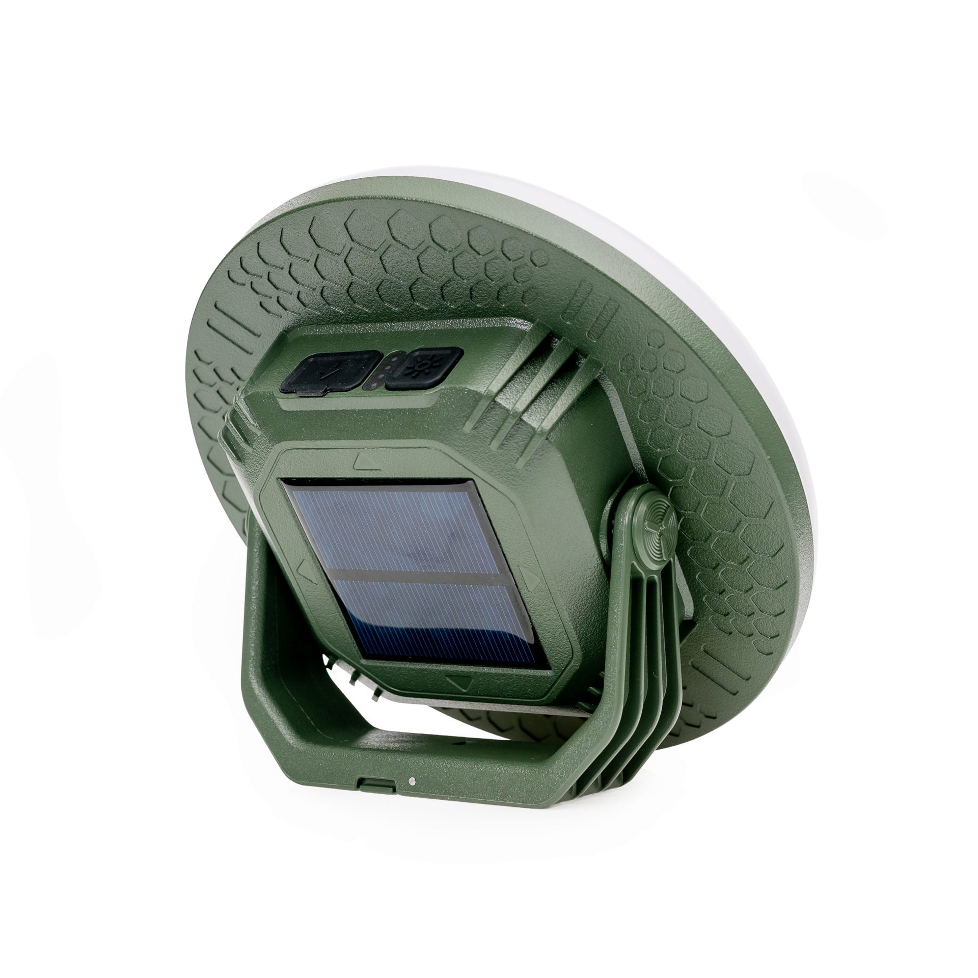 Grüne tragbare LED-Campingleuchte mit eingebautem Solarpanel und Ständer auf weißem Hintergrund.