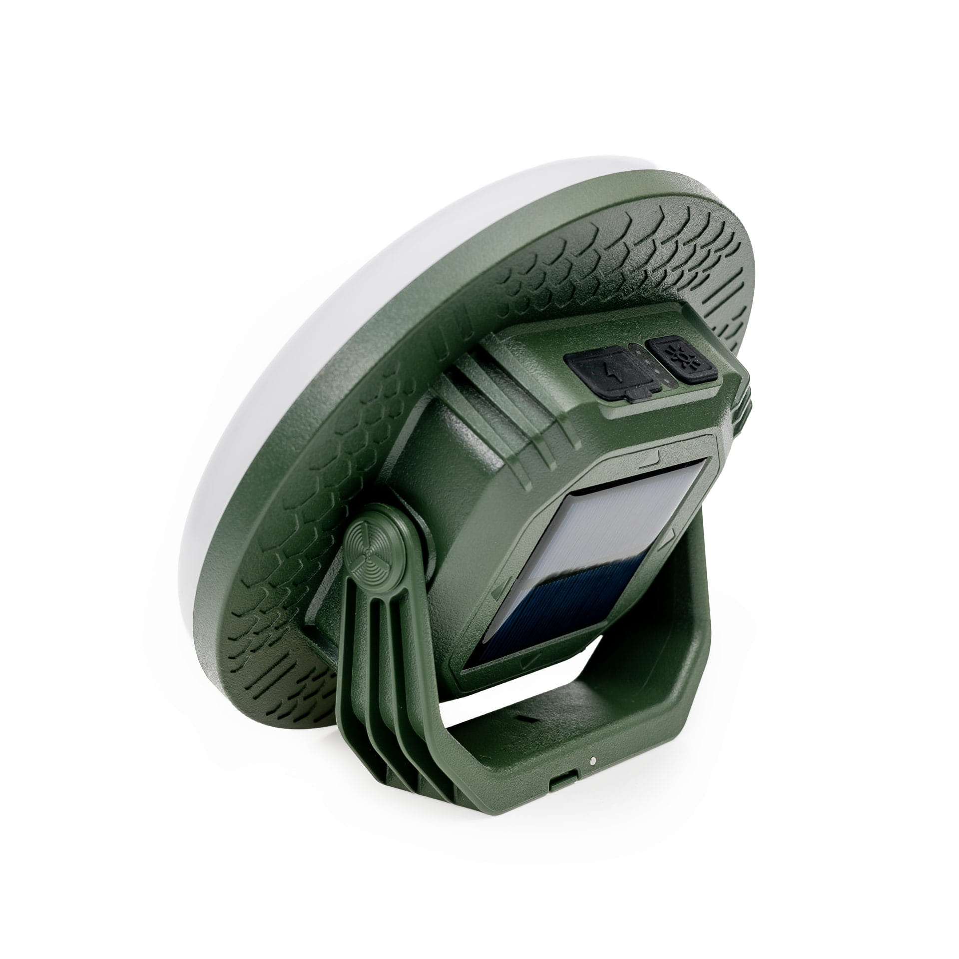 Grüne Outdoor-LED-Lampe mit Solarpanel und verstellbarem Standfuß auf weißem Hintergrund.