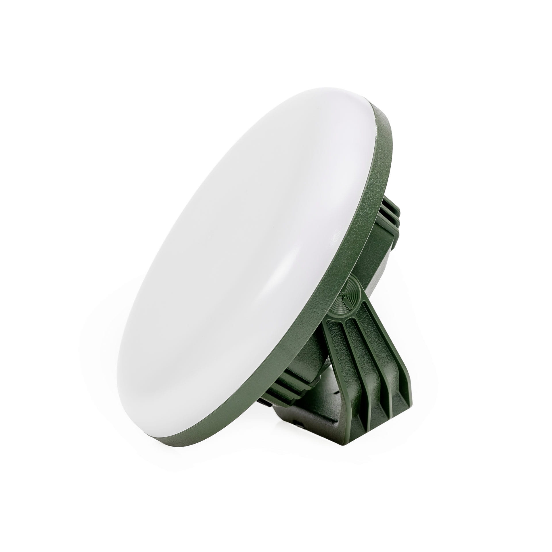 Runde grüne LED-Flächenleuchte mit weißem Diffusor auf verstellbarem Standfuß.