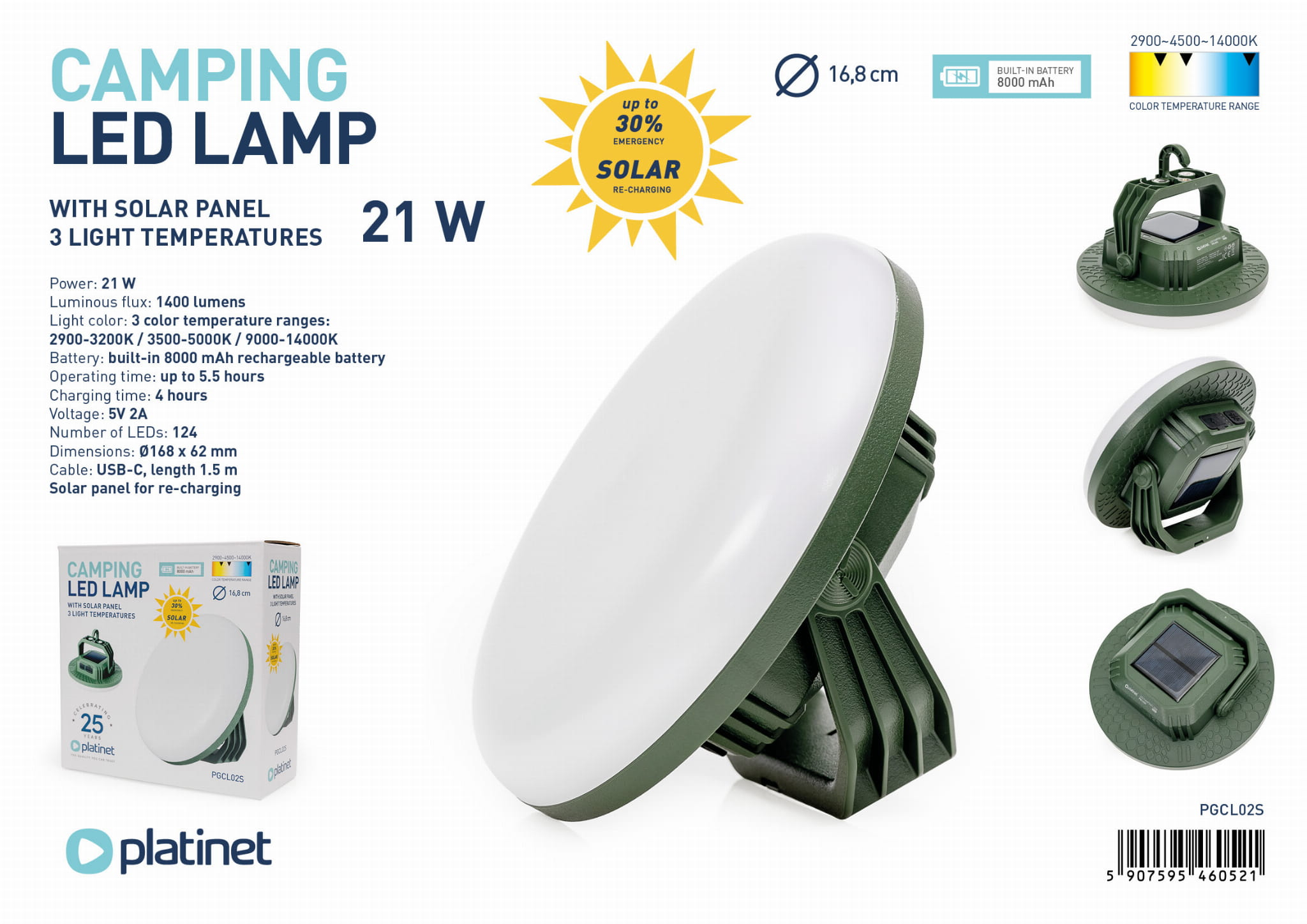 Produktwerbung für eine grüne Camping-LED-Lampe mit Solarpanel, technischen Daten und Verpackung.