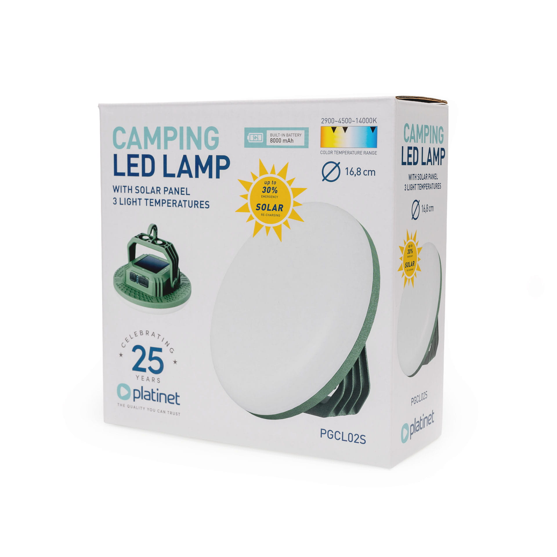 Weisse Produktverpackung fur eine Camping-LED-Lampe mit Solarpanel, Produktbildern, Eigenschaften und Markenlogo.
