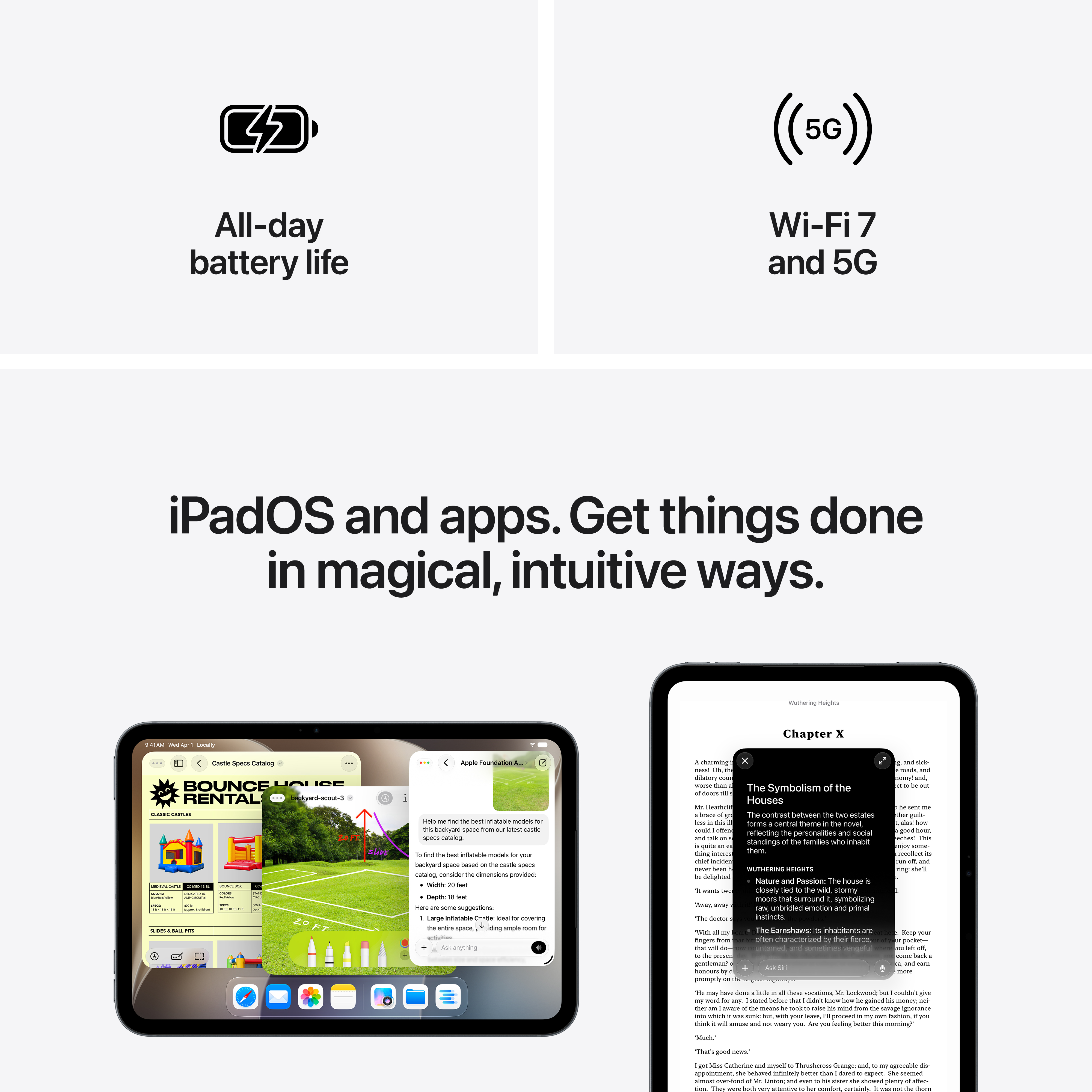 iPadOS funkciók és alkalmazásfelület multitaskinggal és dokumentumolvasással.
